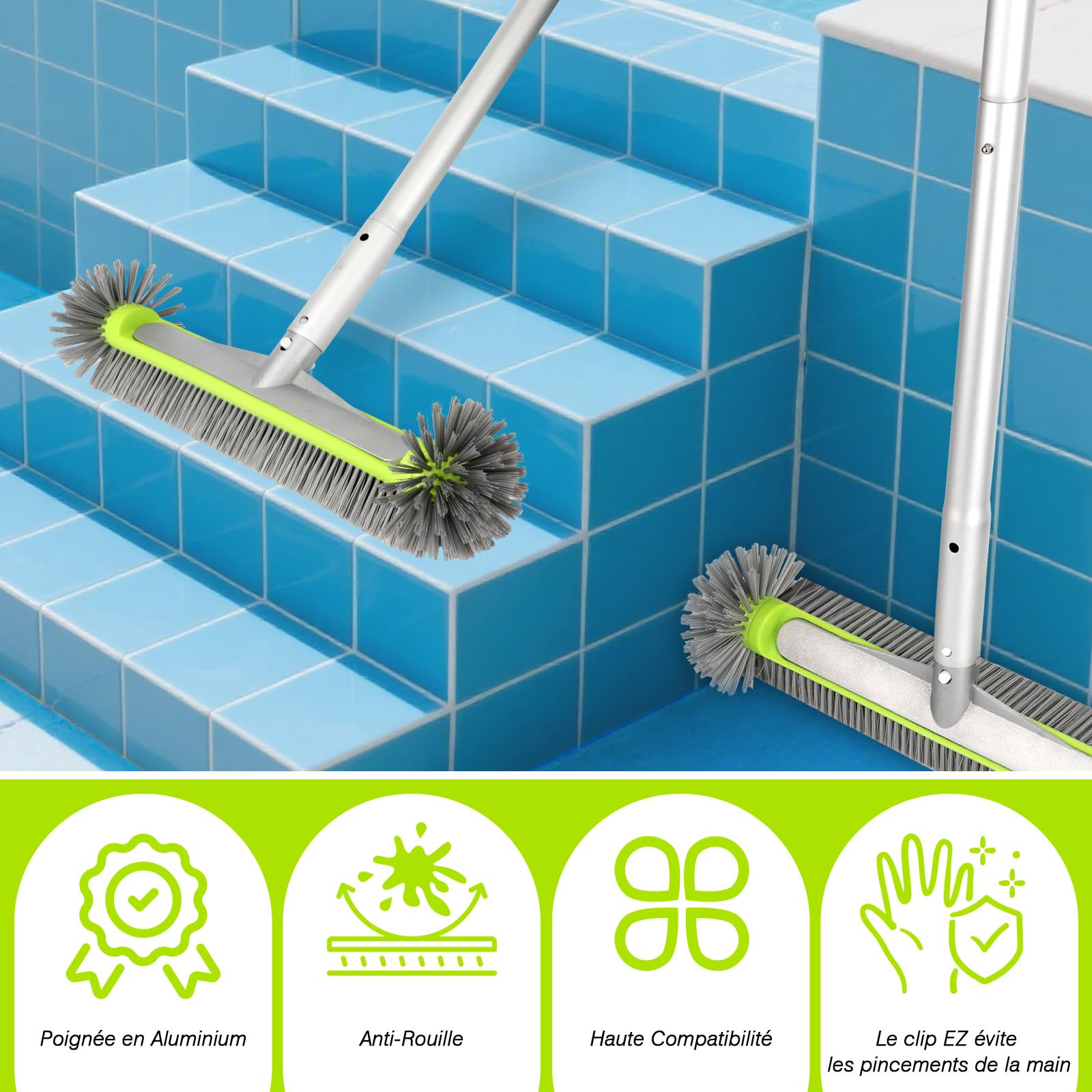 Brosse de Piscine Ronde, 43cm/17″ Balai Piscine Brosse avec Gants Antidérapants et Serviette Absorbante pour Carrelage, Murs & Coins Récalcitrants (sans Barre Télescopique)
