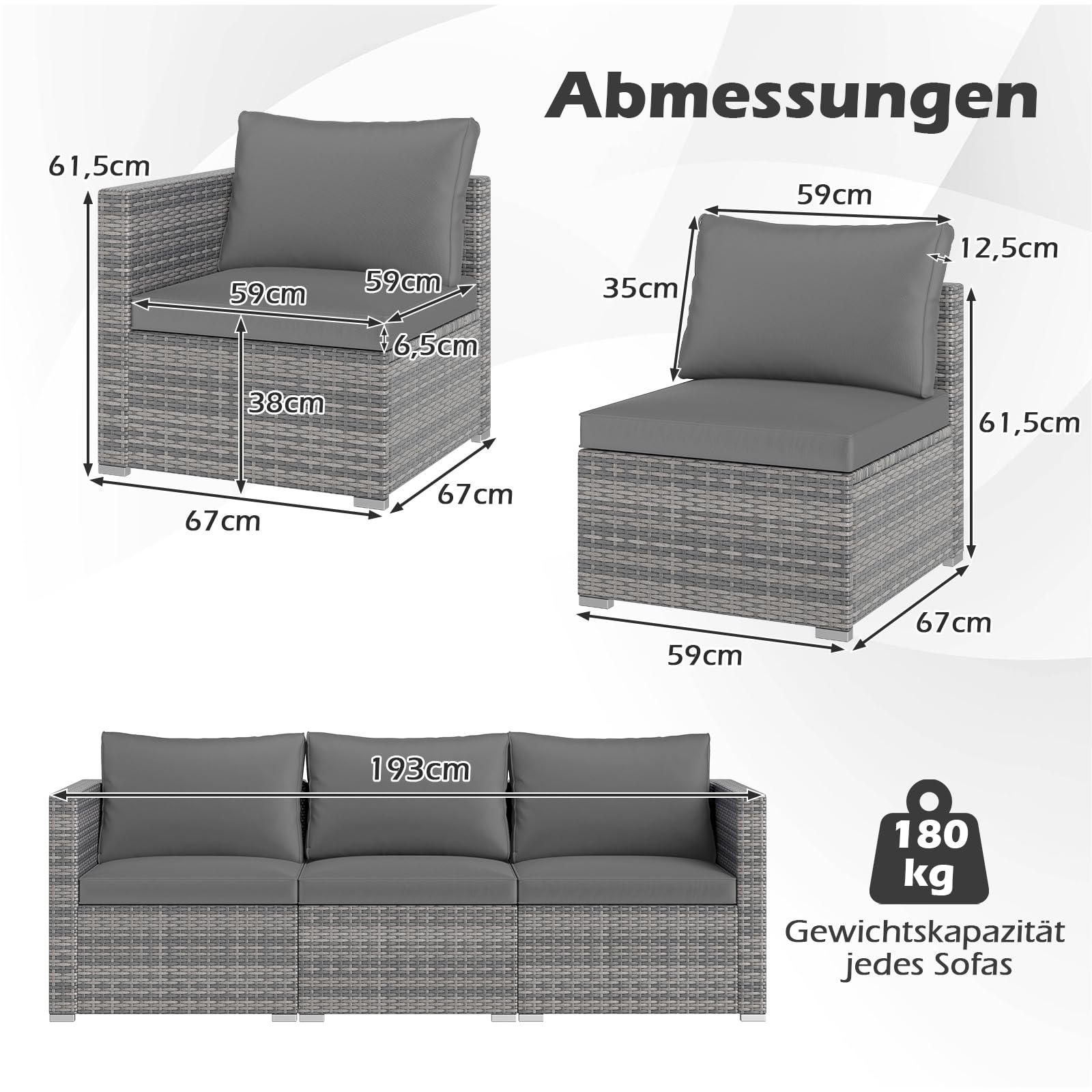 COSTWAY Gartensofa mit Kissen, 3-Sitzer Lounge Sofa, Rattan Lounge Möbel Outdoor, Gartenlounge, Gartenmöbel, Terrassenmöbel, Balkonmöbel, wetterfest, 193 x 67 x 61,5 cm (Grau)