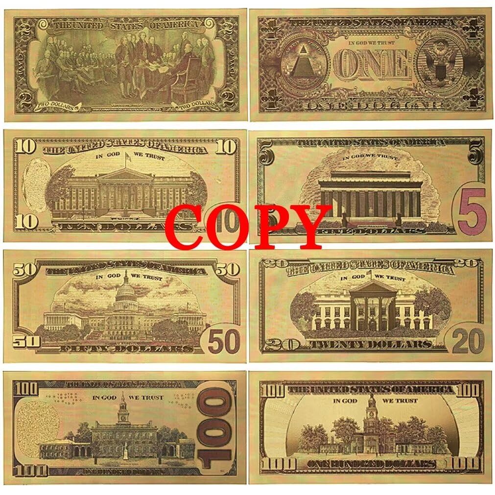 YIQILAFADA Lot de 8 billets de 100 dollars en feuille d'or 100/50/20/10/5/2/1