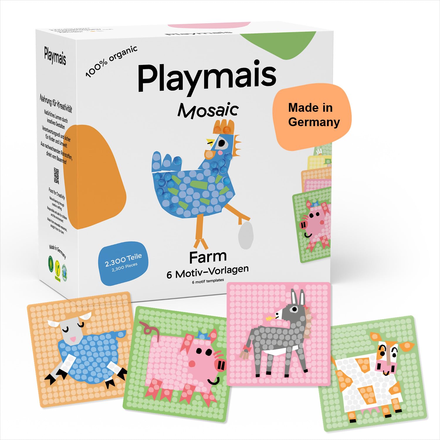 Playmais Mosaic Farm | 2300 Teile | Bastelset | natürliches Spielzeug | inkl. Schwämmchen, 6 Motiv-Vorlagen | vegan, verantwortungsvoll & sicher für Kinder & Umwelt | ab 3 Jahren