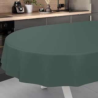 ANRO Mantel de Hule Lavable, para jardín, Exterior e Interior, Ovalado, 240 x 140 cm, Borde Cortado, Color Verde Abeto