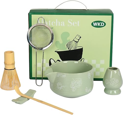 Miniatura 10 de Juego de batidor de matcha, juego de matcha de cerámica incluye cuenco de matcha con boquilla, batidor y soporte, cuchara de bambú, tamiz Verde