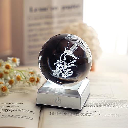 Miniatura 5 de Bola de cristal de colibrí de 3.150 in con base de luz LED, figura de colibrí láser de vidrio 3D, decoración de luz nocturna para el hogar, oficina,