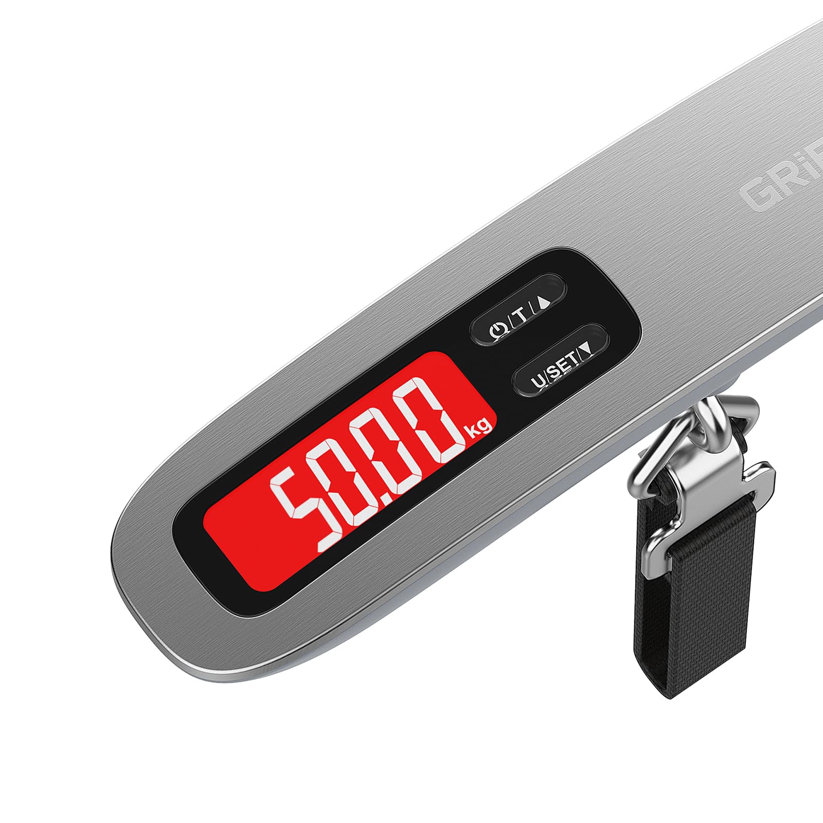 GRIFEMA GA2006 Cyfrowa waga bagażowa, 50 kg, dokładność 50 g, wyświetlacz LCD z podświetleniem, funkcja tarowania, kompaktowa i przenośna konstrukcja, do podróży i wysyłki