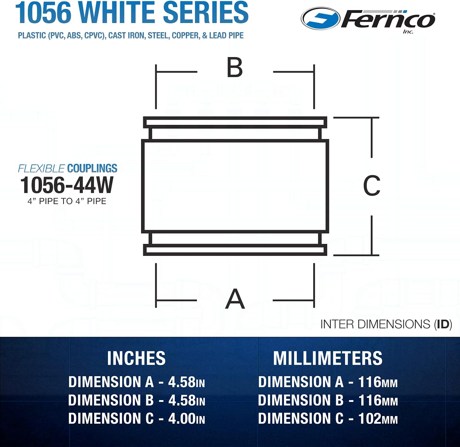 Fernco 1056-44W 4-inch Flexible Pipe Coupling Plumbing Plastic PVC ABS, Cast Iron, Lead in White