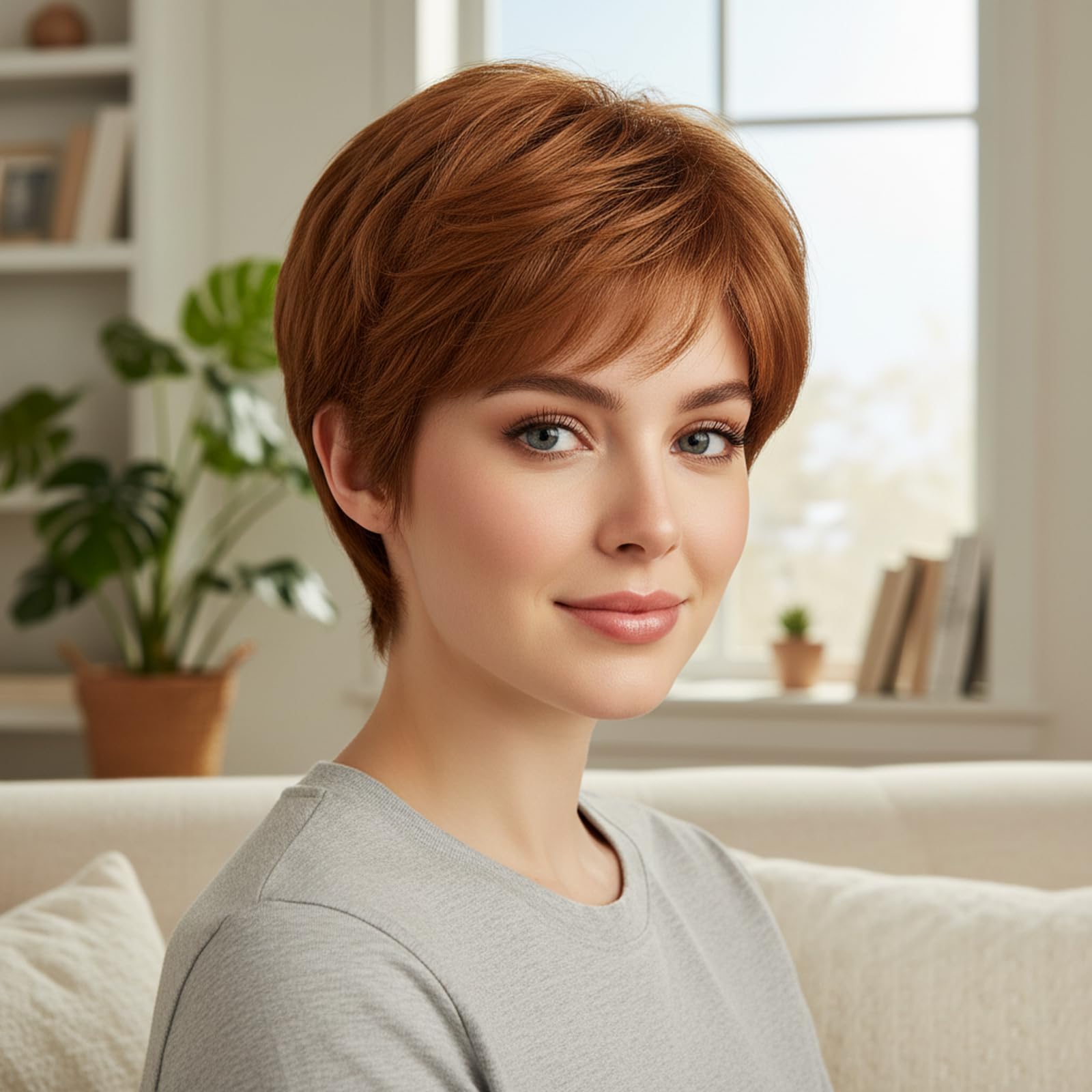 Brown Short Pixie Cut Wig with Bangs for Women 10 Inch Layered Natural-Looking Lightweight Synthetic Wig for Daily Wear