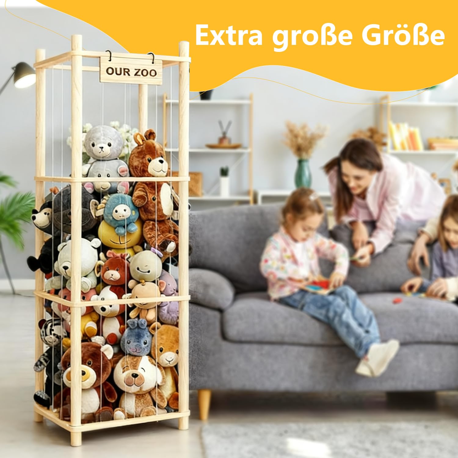 Contenitore per animali di peluche, in legno, 136 x 40 x 40 cm, salvaspazio, per camera dei giochi, cameretta dei bambini, soggiorno