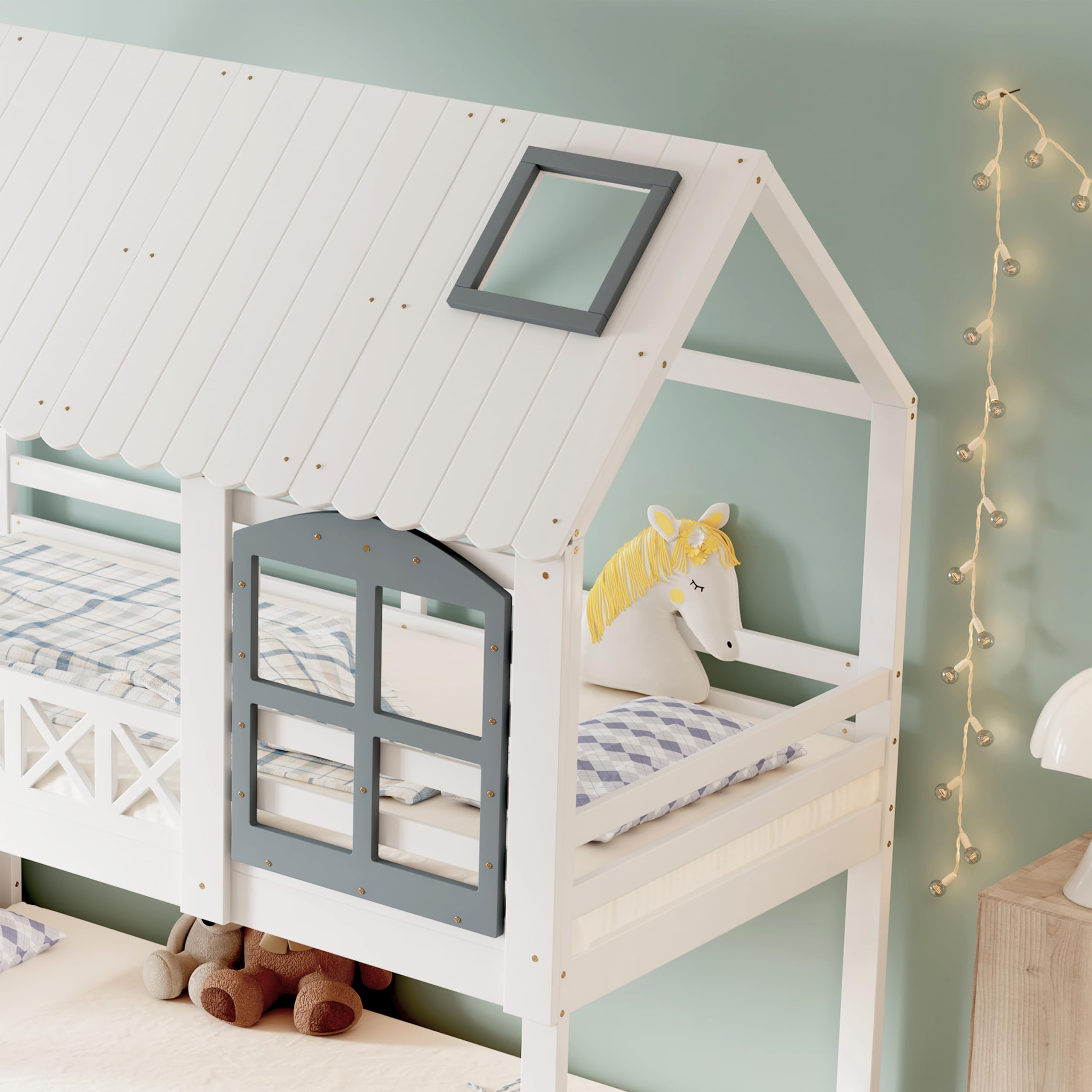 Merax Etagenbett 90x200cm Kinderbett Hochbett mit Rausfallschutz & Lattenrost Hausbett mit Dach Fenster Stauraumtreppe Weiß