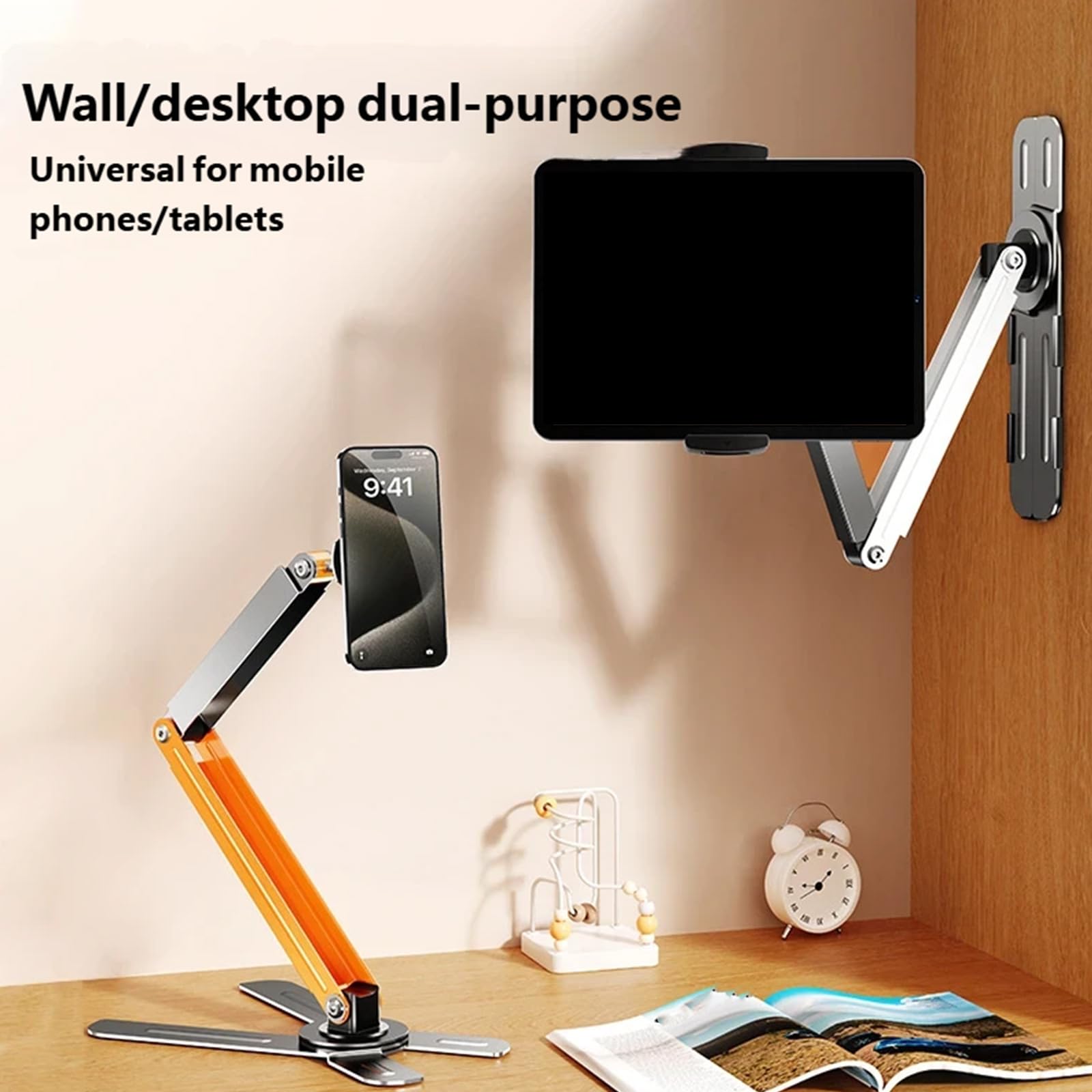 Soporte de pared para teléfono de escritorio, amplia compatibilidad, múltiple, ajuste flexible, construcción de metal para tabletas, configuración rápida, soporte de teléfono y tableta