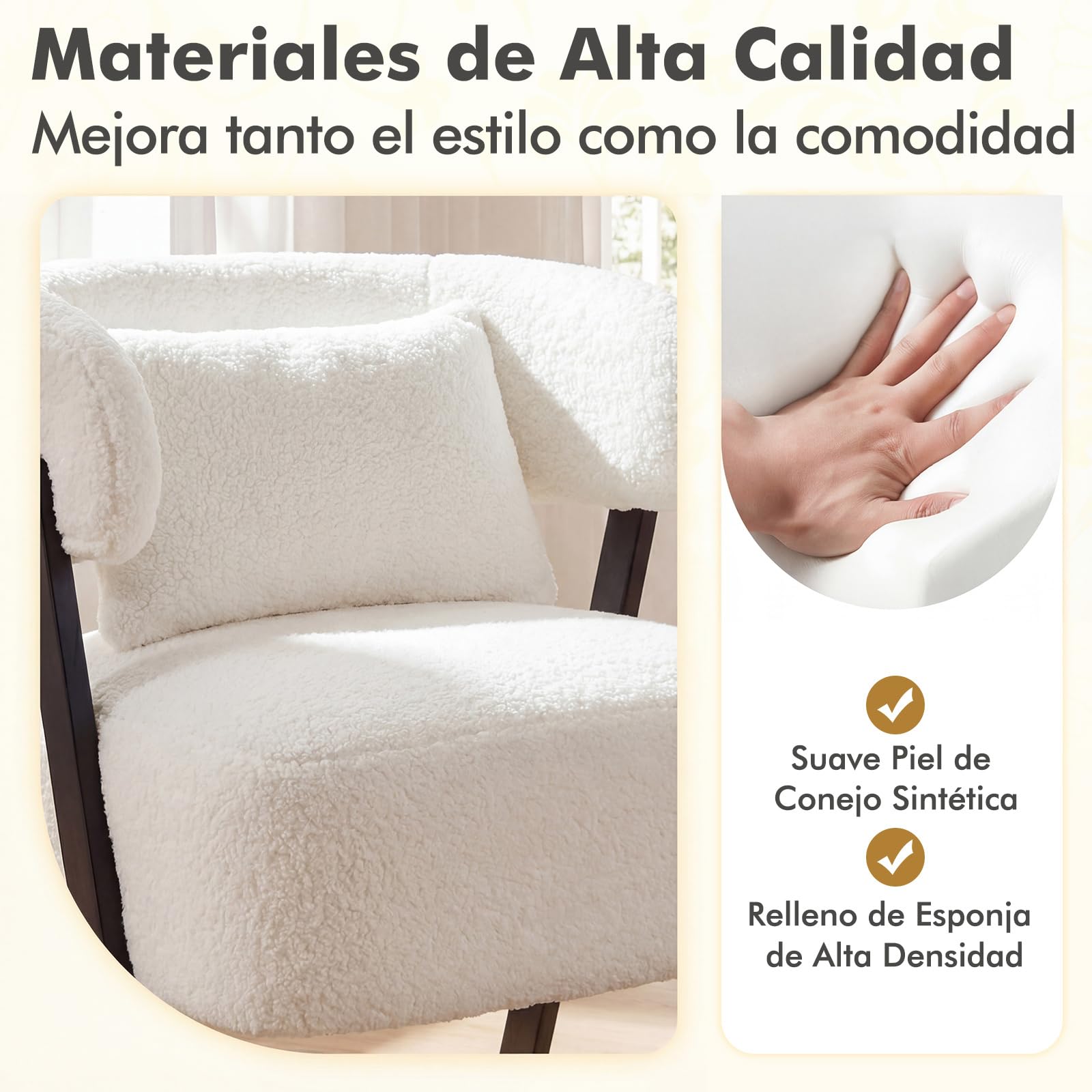 COSTWAY Butaca de Salón Tapizado en Imitación Conejo Suave, Sillón con Cojín Lumbar y Patas de Metal, Silla Estilo Escandinavo para Lectura, Sofá Individual de Ocio para Salón, Dormitorio (Blanco)
