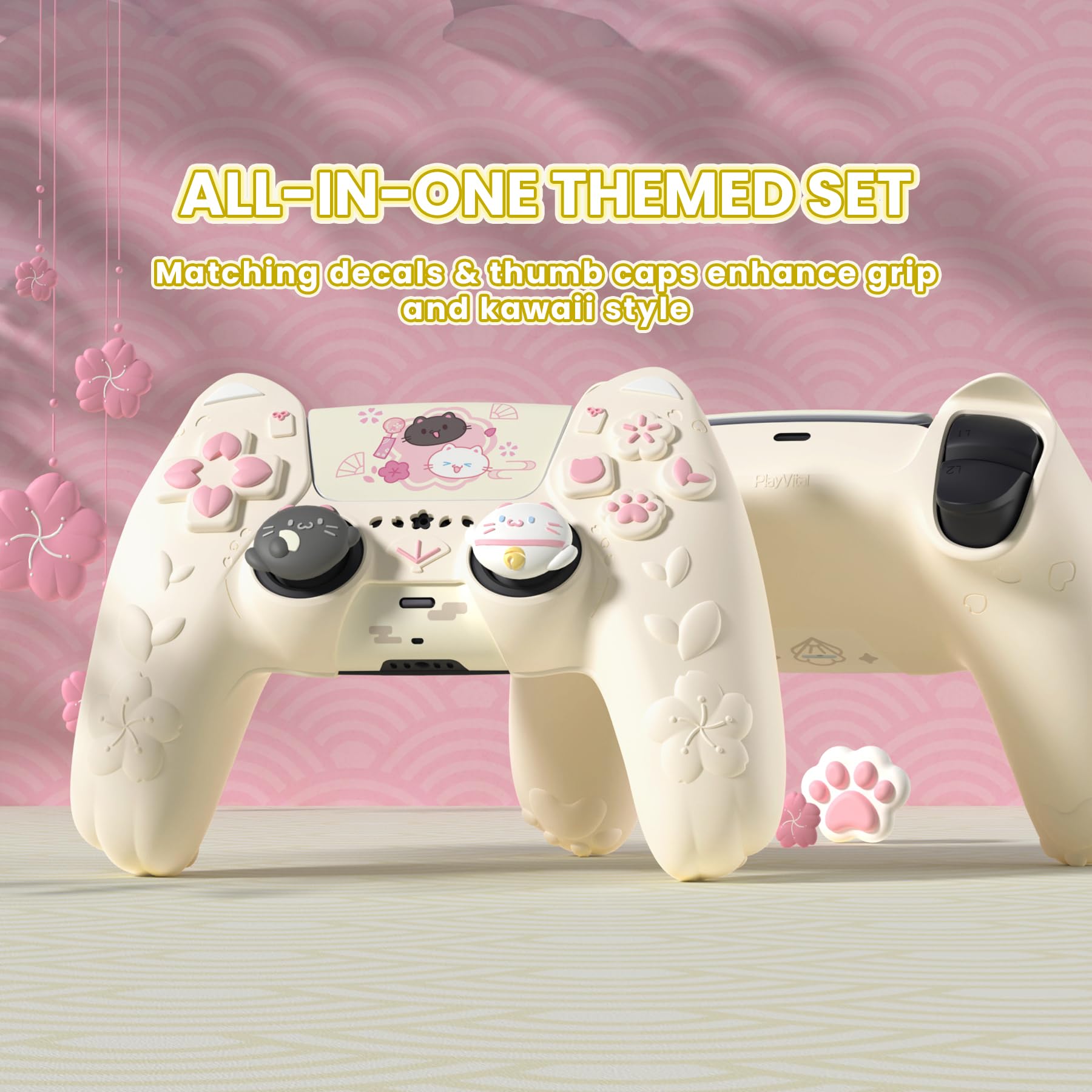 PlayVital Hülle für PS5 Controller, Kätzchen Serie Süße Schutzhülle für PS5 mit 3D Katzenohren, Daumengriff & Aufkleber, Kompatibel mit Ladestation, Anti-Rutsch, Antikgelb