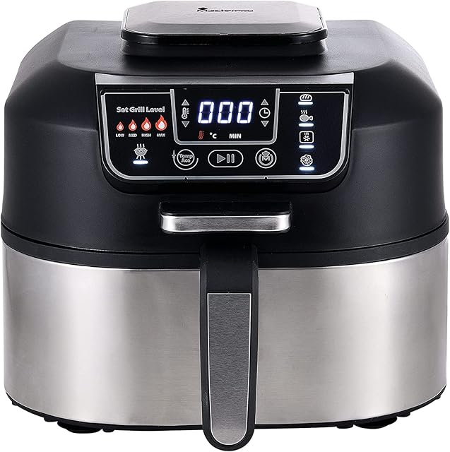 MasterPro Smokeless Grill, 5.6 Litre, 1760 W, One Touch Food Processor with Oil-Free Fryer Function, Oven and Food Dehydrator, BPA and PFOA Free, Stainless Steel, Black/Grey