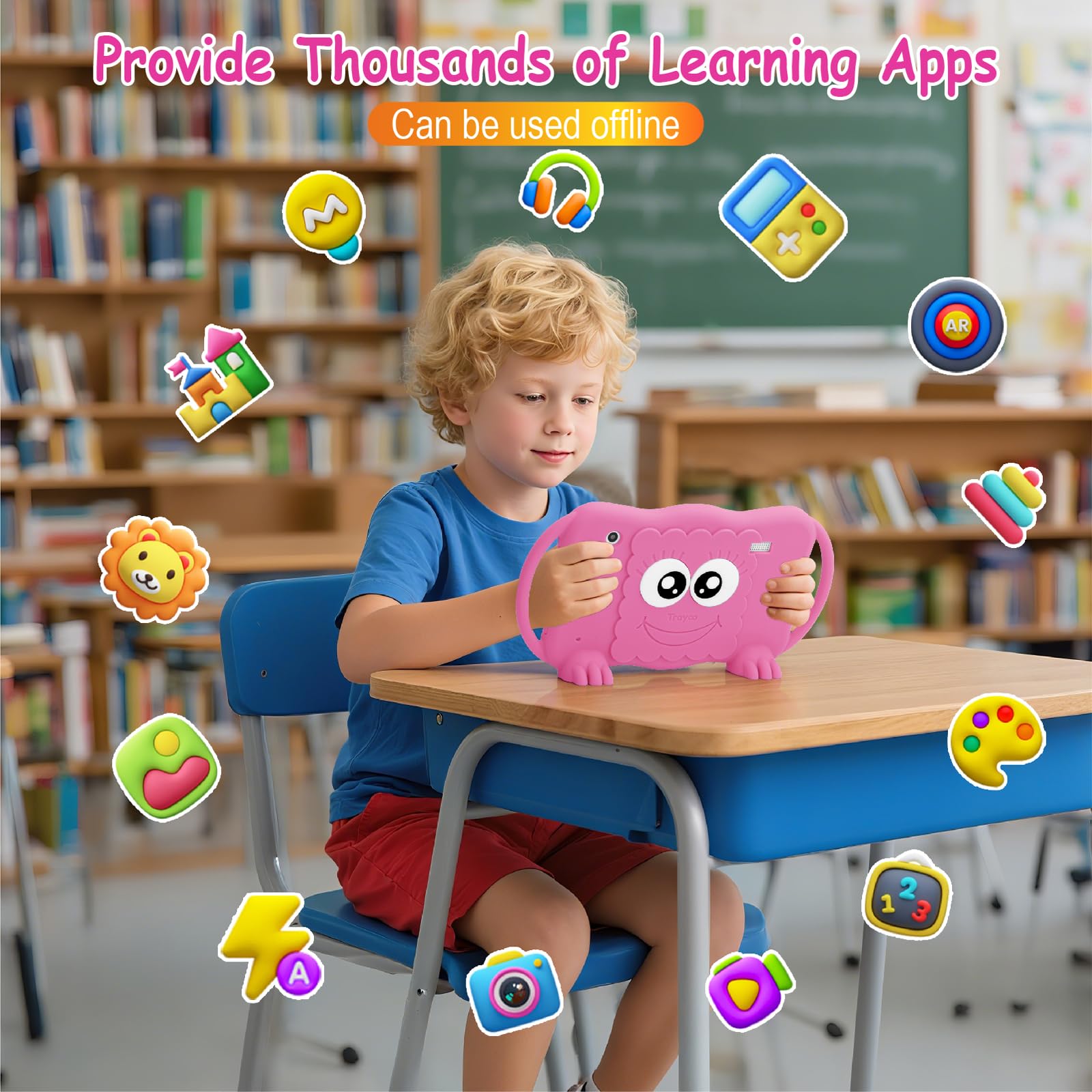 Trayoo Tablet per bambini da 7 pollici per bambini 3-12, 32 GB, tablet per bambini con doppia fotocamera, controllo parentale, custodia solida, WiFi, GMS, YouTube, Netflix, software di apprendimento