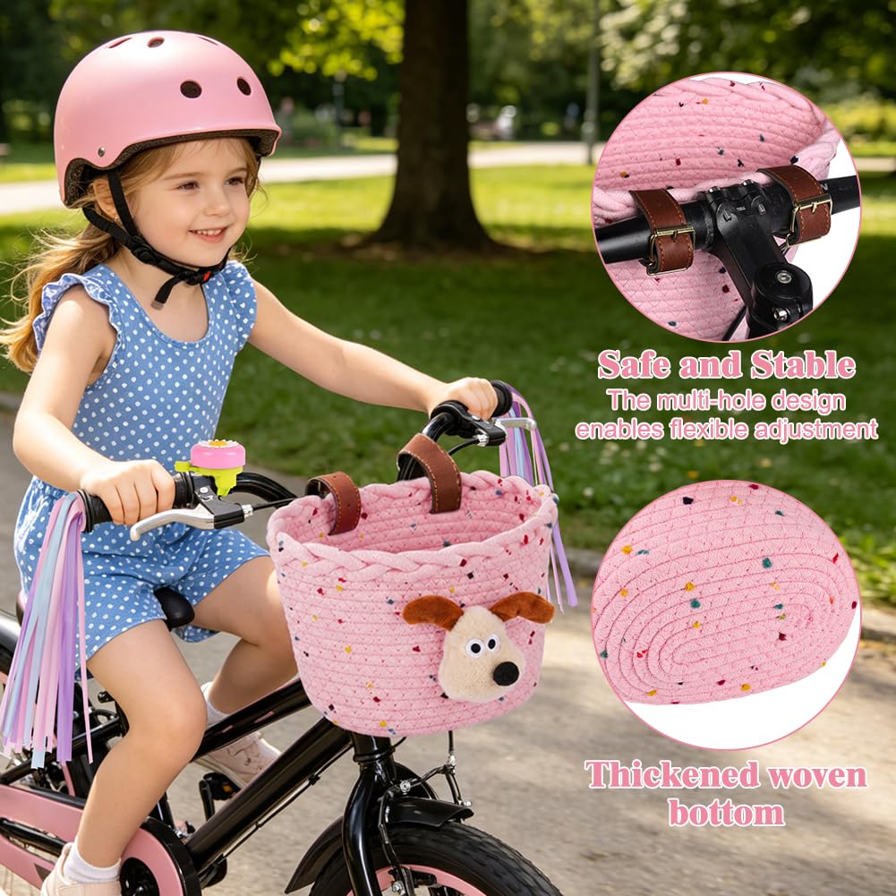 Cestino per bicicletta per bambini in corda di cotone con cinghie in pelle