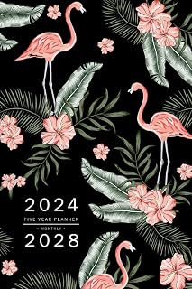 Five Year Planner 2024-2028: 6x9 Monthly Journal Organizer Medium | Flamingo Tropical Leaf Design Black