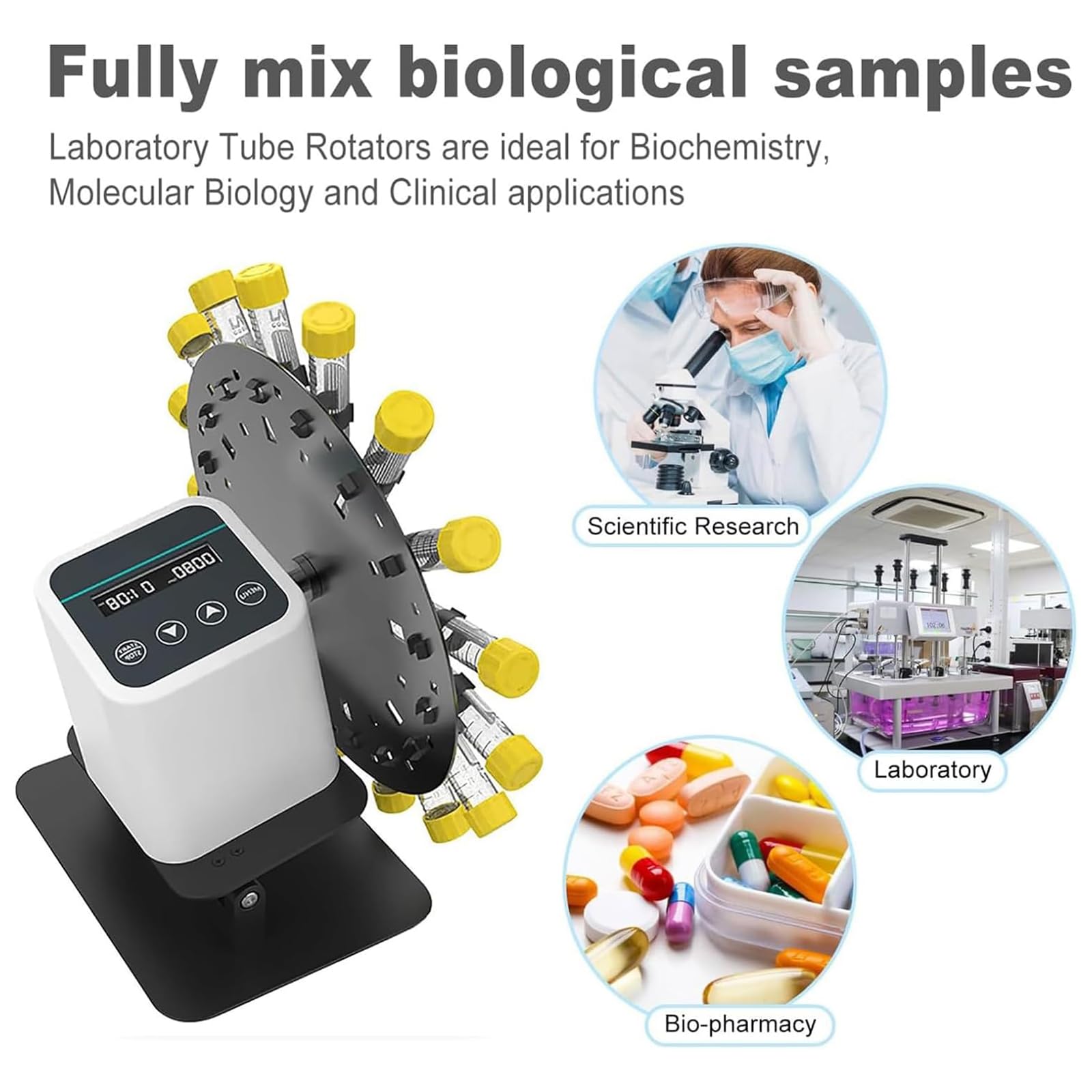 Miscelatore rotante rotante da laboratorio digitale, agitatore rotante per provette, intervallo di velocità da 0 a 80 giri/min, per provette da 1,5/15/50 ml, con timer da 1 minuto a 23 ore e 59 minu