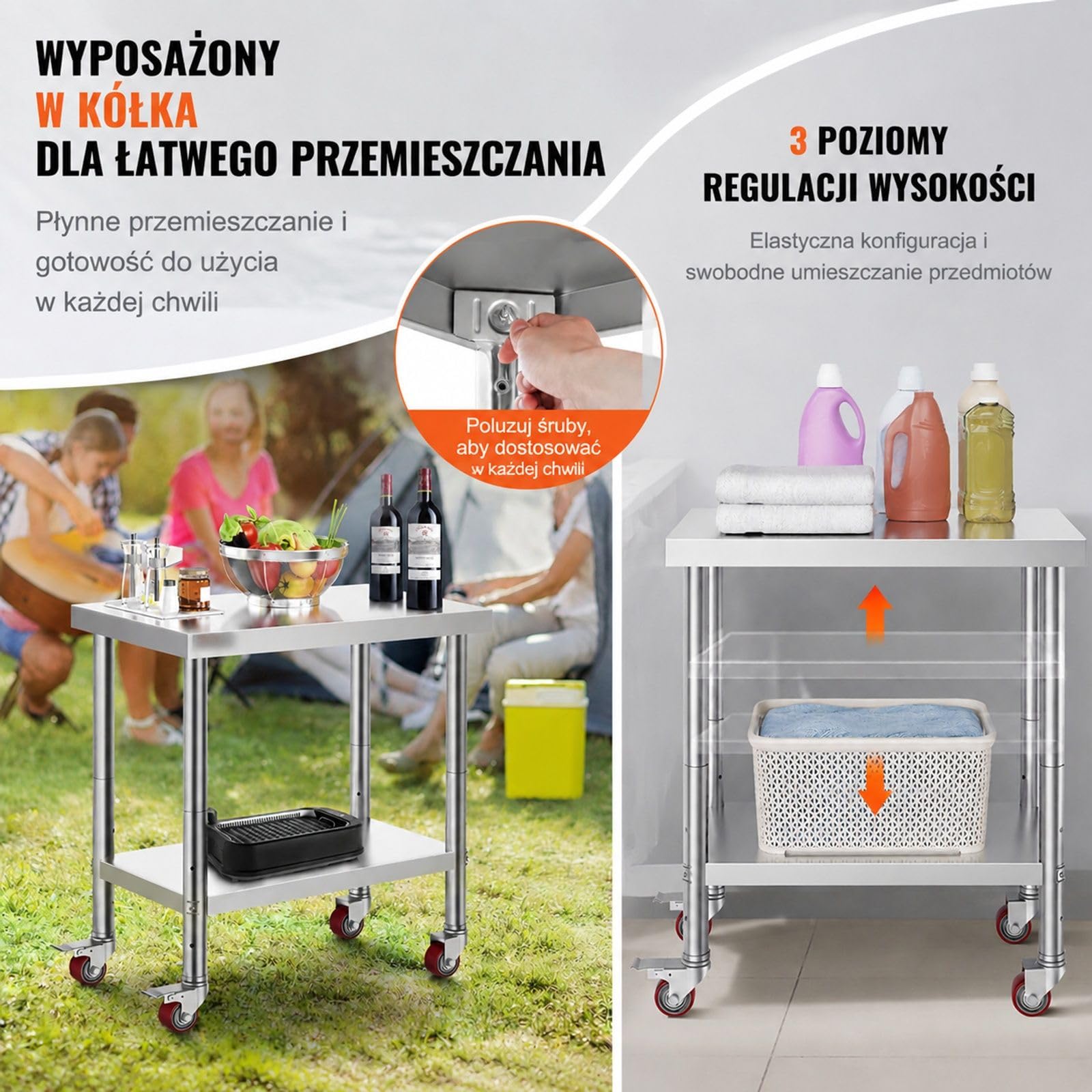 Stół roboczy ze stali nierdzewnej na 4 kółkach z regulowaną dolną półką do kuchni, baru i restauracji