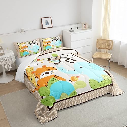 Miniatura 4 de Juego de ropa de cama de animales de dibujos animados para niños, lindo tigre, jirafa, mono, elefante, juego de edredón para niños y niñas, edredón