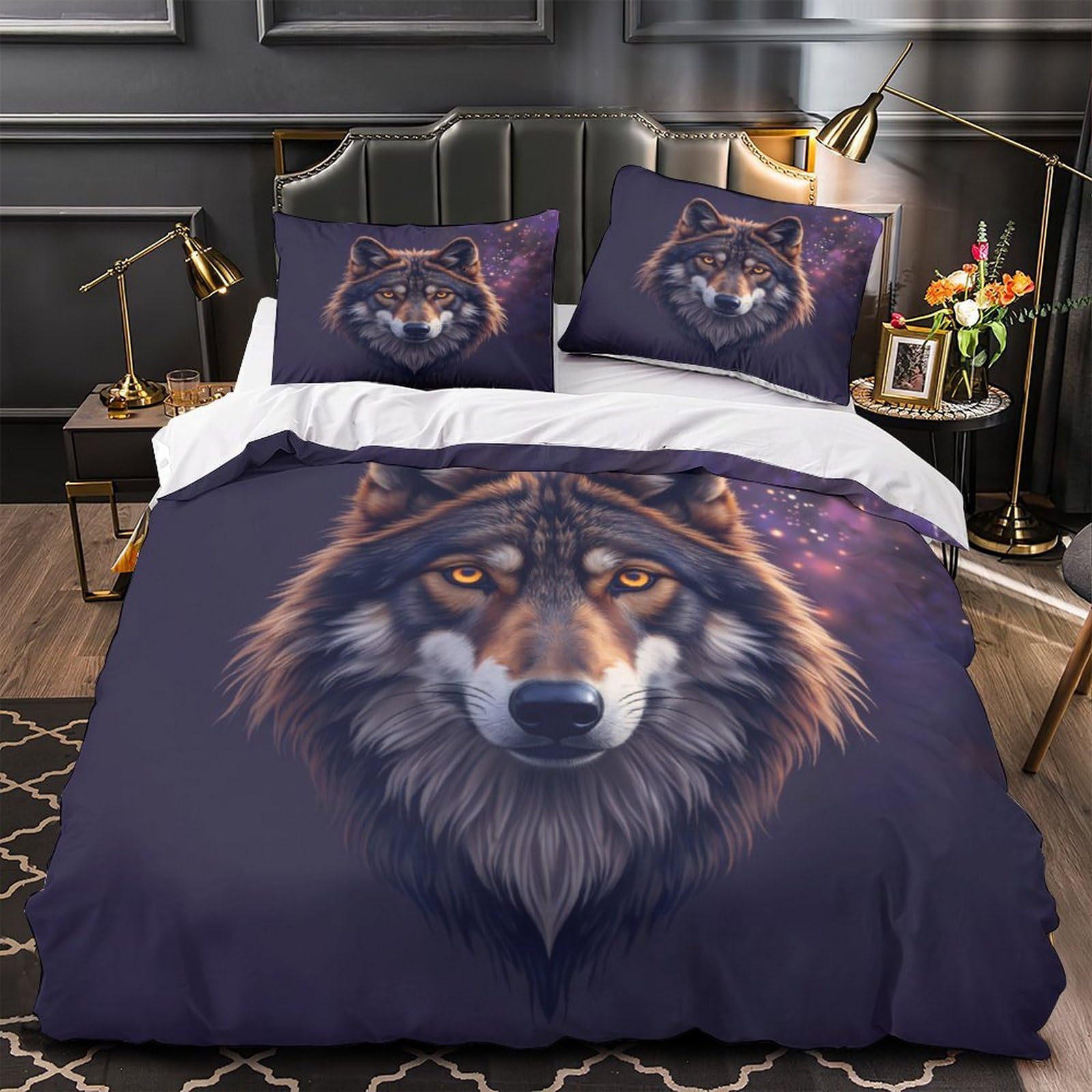 Parure de lit loup housse de couette 140x200 microfibre respirante pour lit enfant et ado