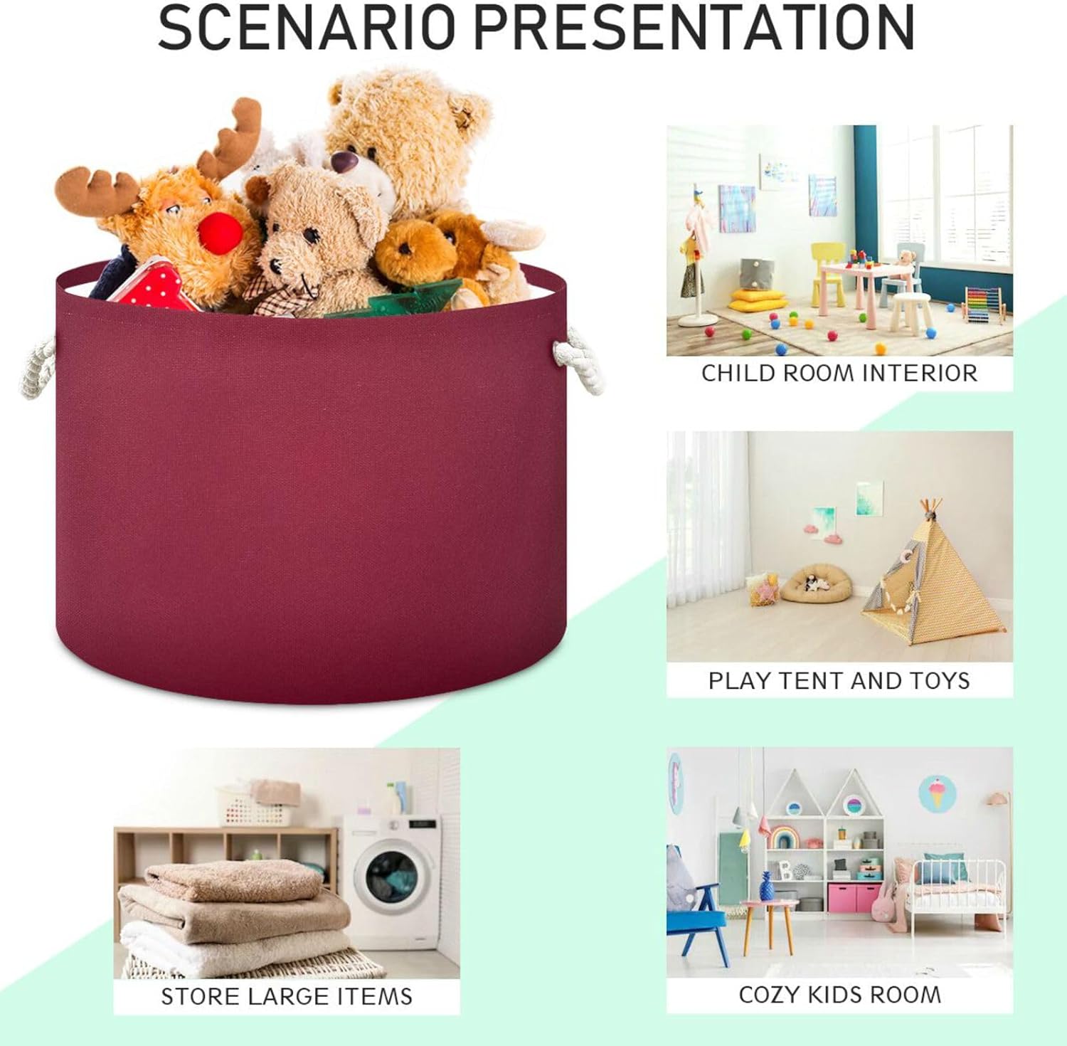 Burgundy Red Solid Color Cotton Rope Basket, Baby Laundry Blanket Basket Toy Basket with Handle for Bedroom Bathroom Nursery