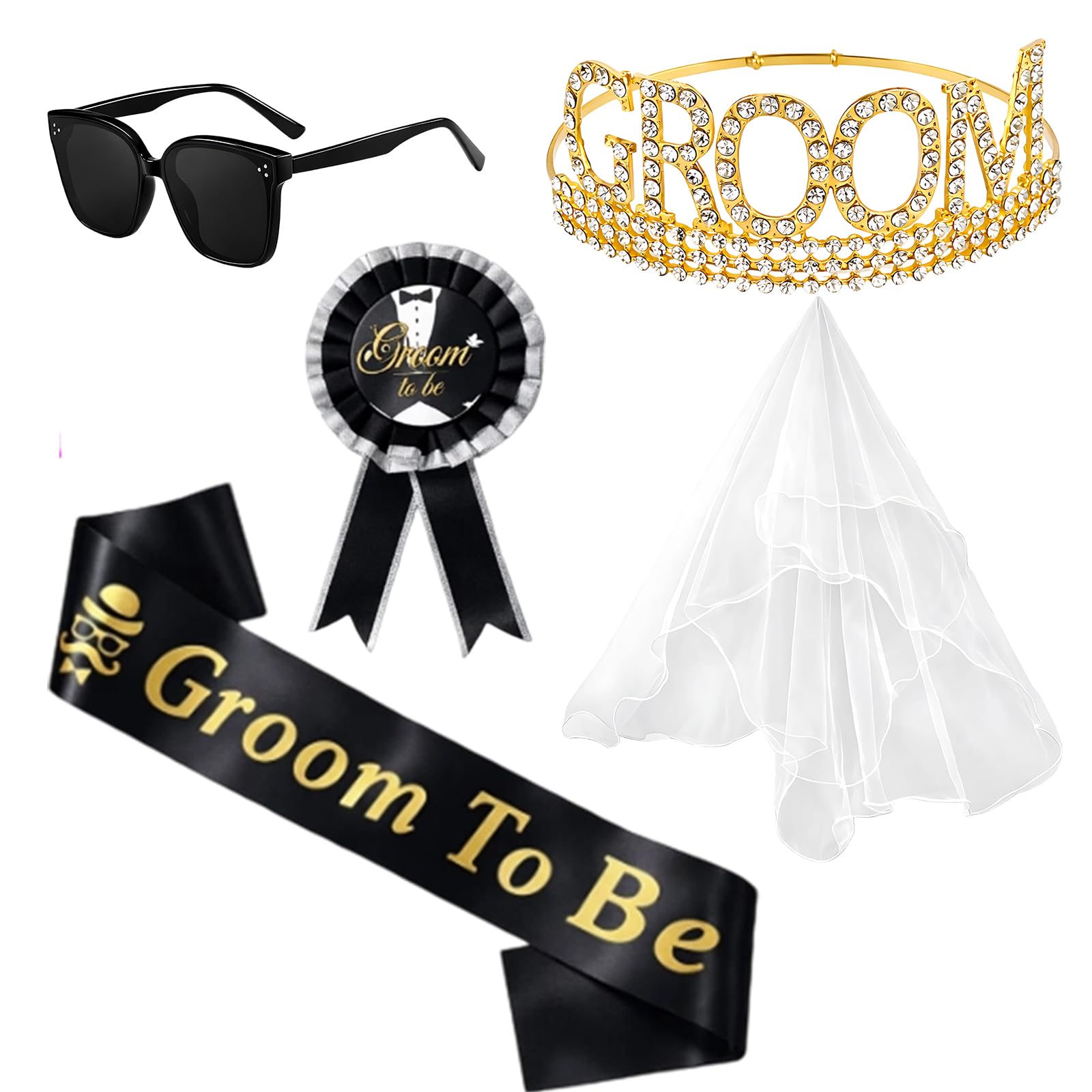 AUYFUA Groom To Be Stag Do Accessories Men Set, Bachelor Party Games and Wedding Celebrations, Complete Outfit with Glasses Badge Sash Crown Veil for Group Costumes
