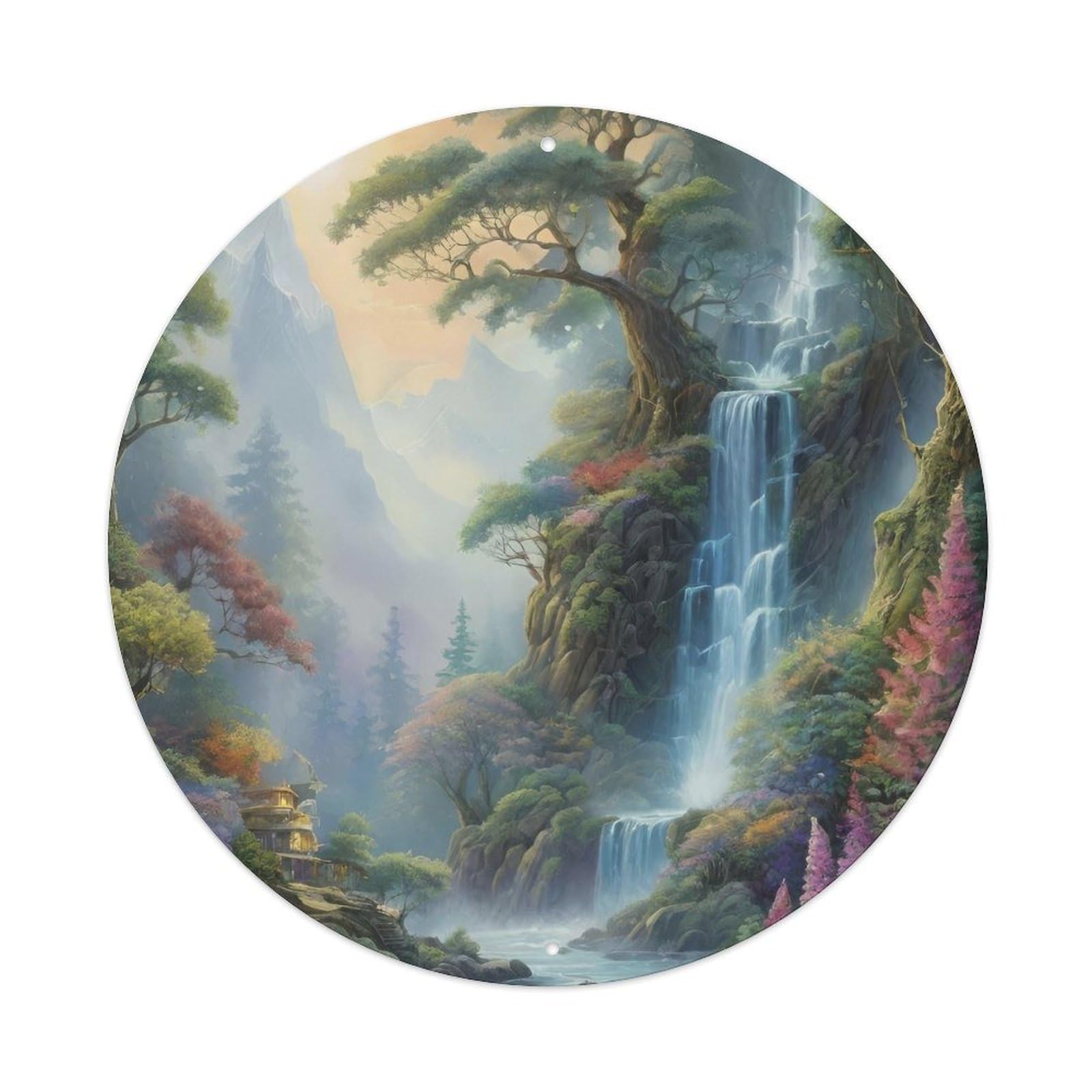 Waterfall Misty And Blooming Flowers Metal Tin Sign
