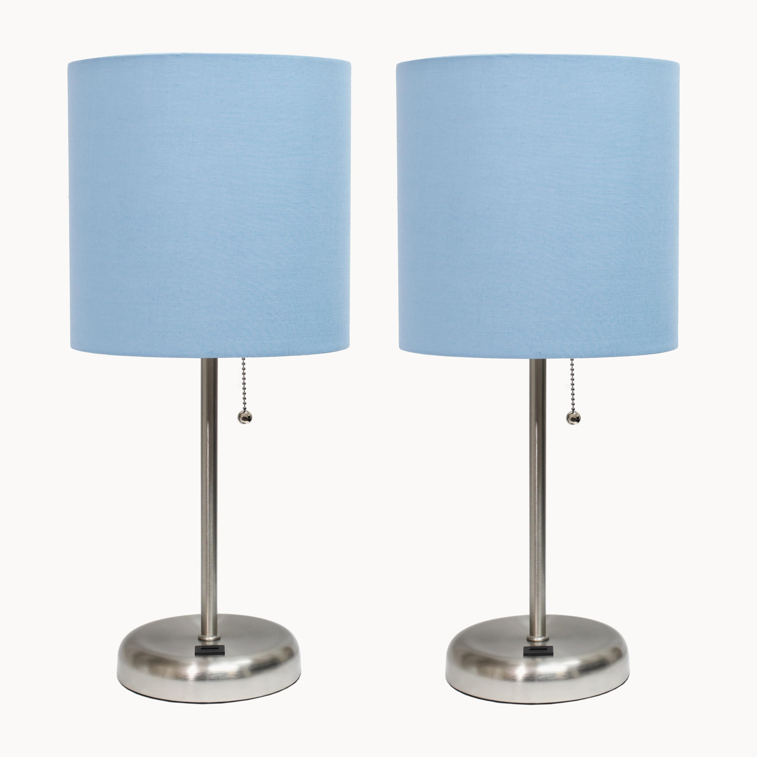 Simple Designs LC2002-BLU-2PK Brushed Steel Stick Table Lamp Set with USB Charging Port and Blue Fabric Shades, 2 Pack Set