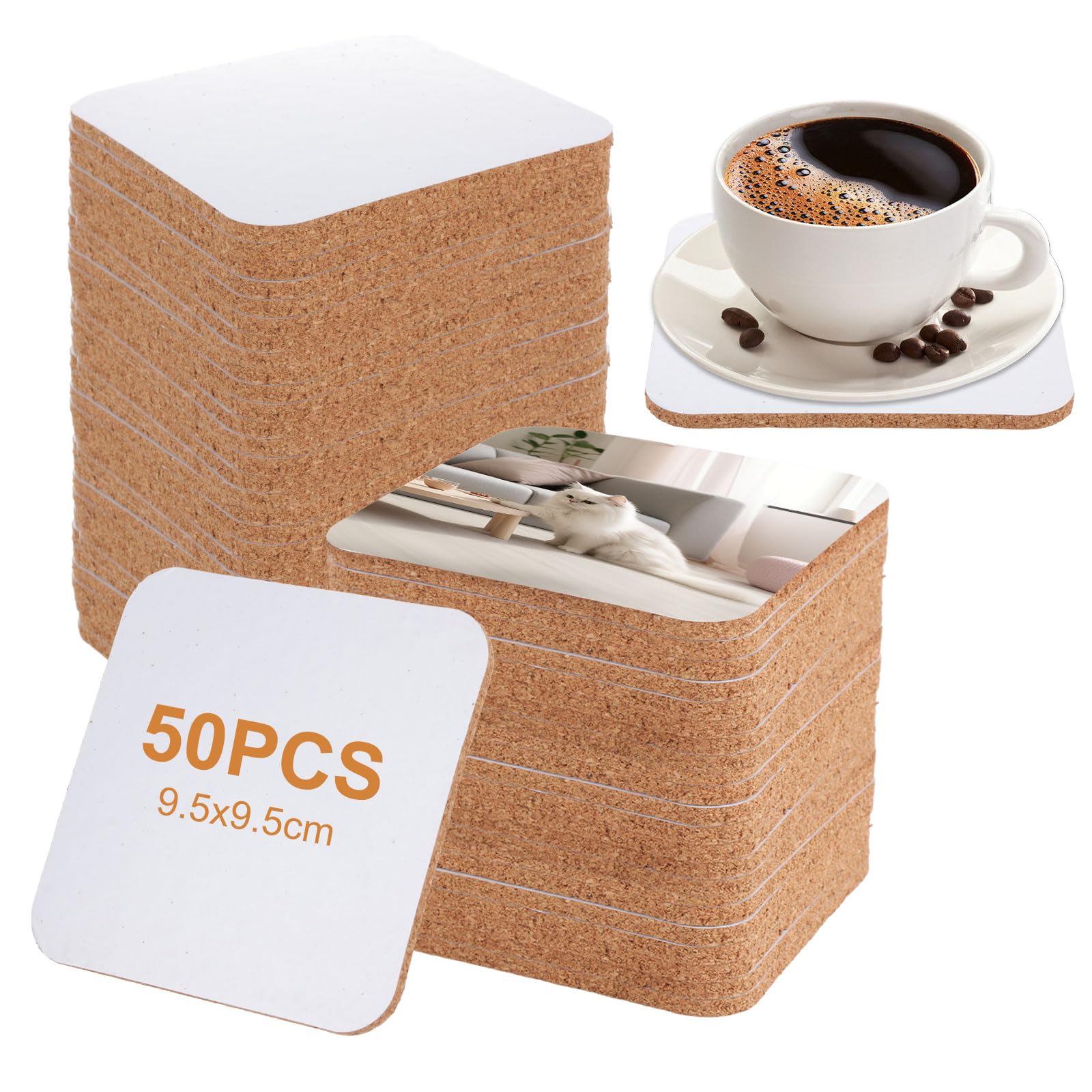 Lot de 50 dessous de verre vierges vierges en liège pour sublimation - 9,5 x 9,5 cm - Pour loisirs créatifs