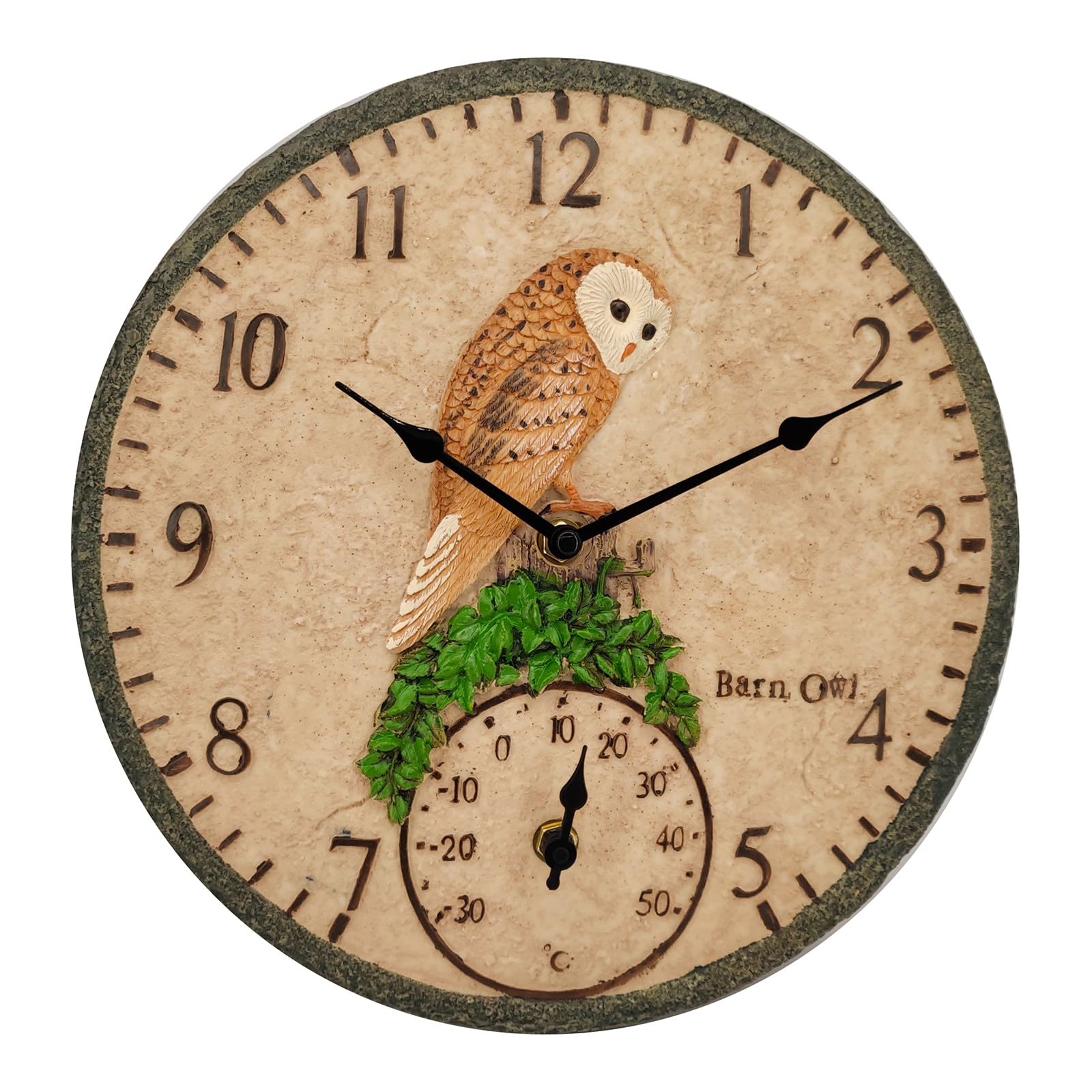 Garden Wall Clock Barn Owl Design Indoor Outdoor Clock with Thermometer 12 Inch Large Waterproof Wall Clocks Weatherproof Thermometer Retro Resin Bird Ornament for Garden Patio Pool Home Decor