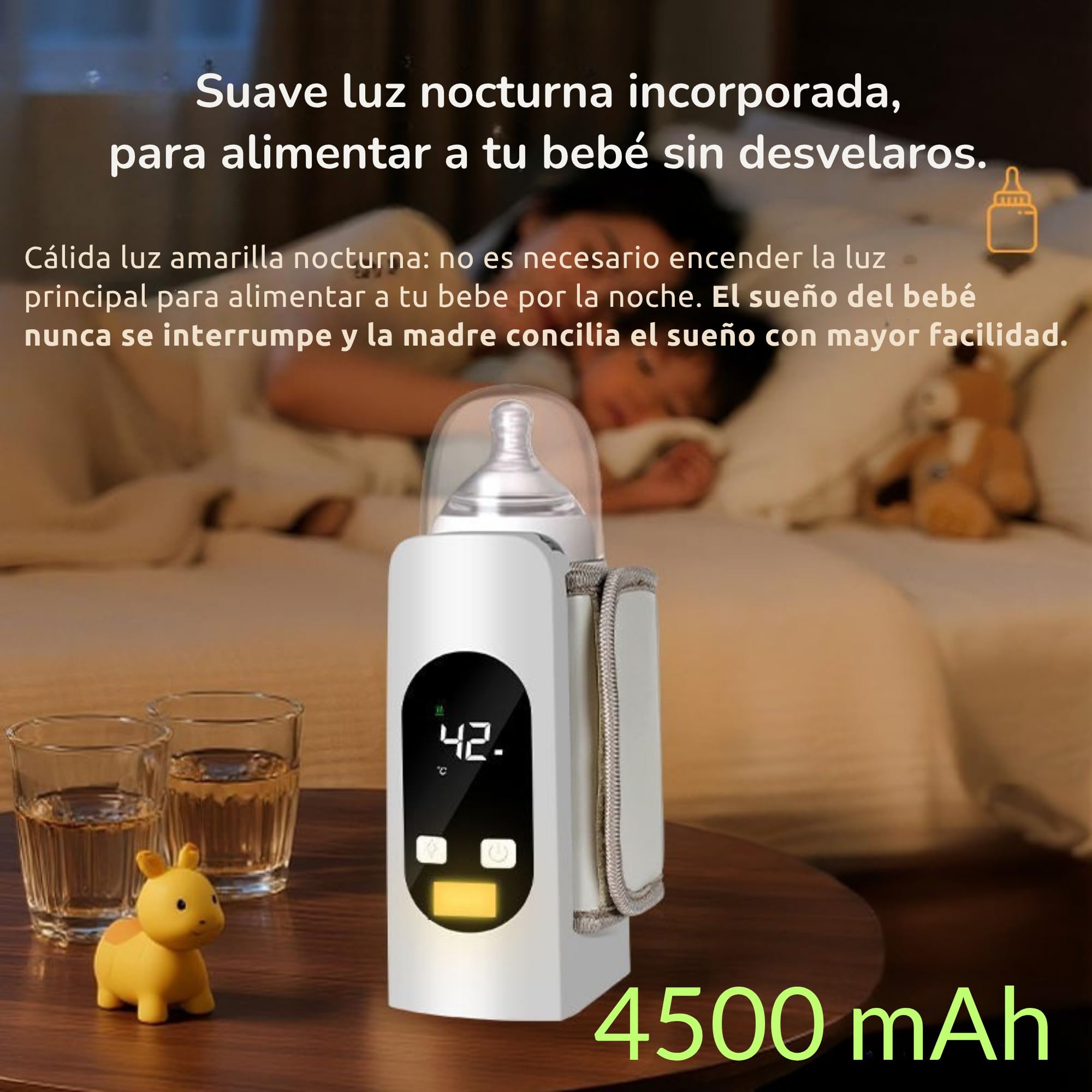 Smartia – calienta biberones portatil para cualquier tamaño, batería de 4500 mAh y resistente a líquidos, calentador de biberon con pantalla y luz nocturna para tu bebe, 6 niveles de Tº, Cert. CE ROSH — view 3
