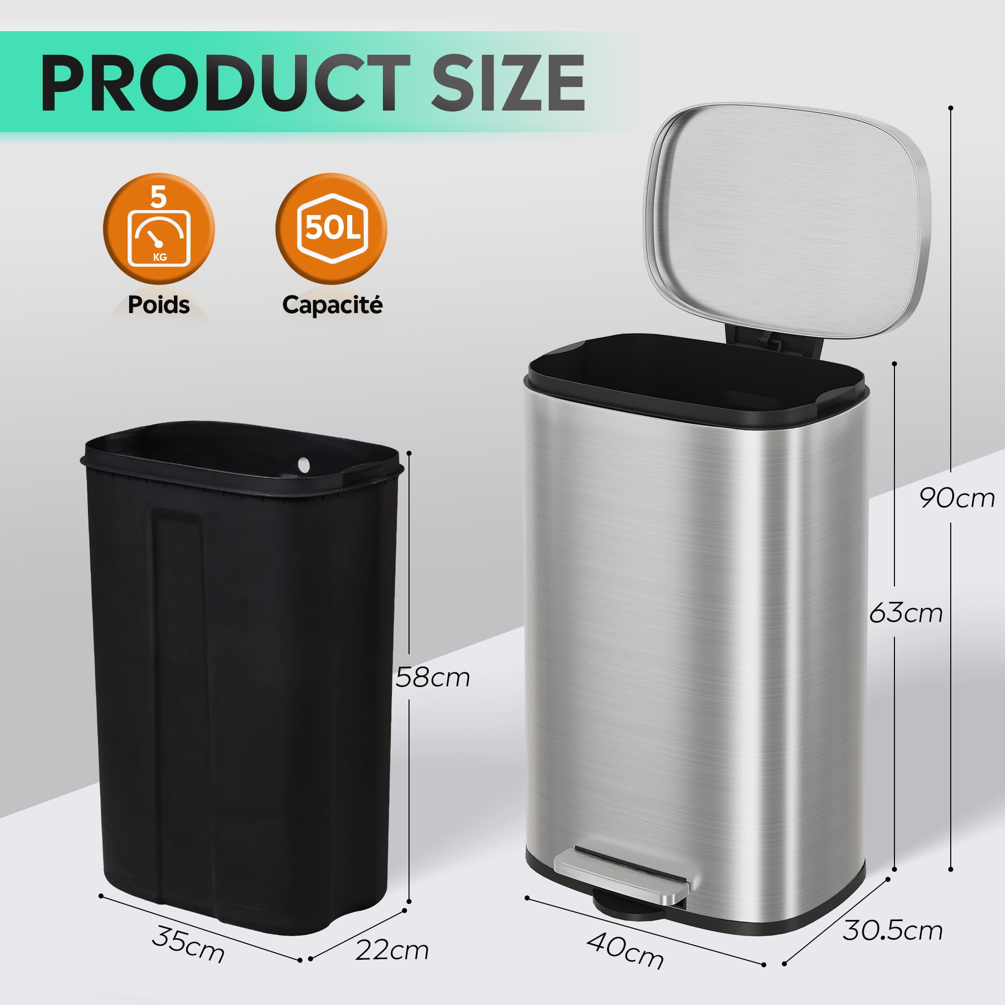 WLIVE Poubelle de Cuisine 50L en Acier Inoxydable, avec Couvercle à Fermeture Douce et Seau Intérieur Amovible, Pédale Mains Libres pour Maison, Buanderie, Bureau, Argent