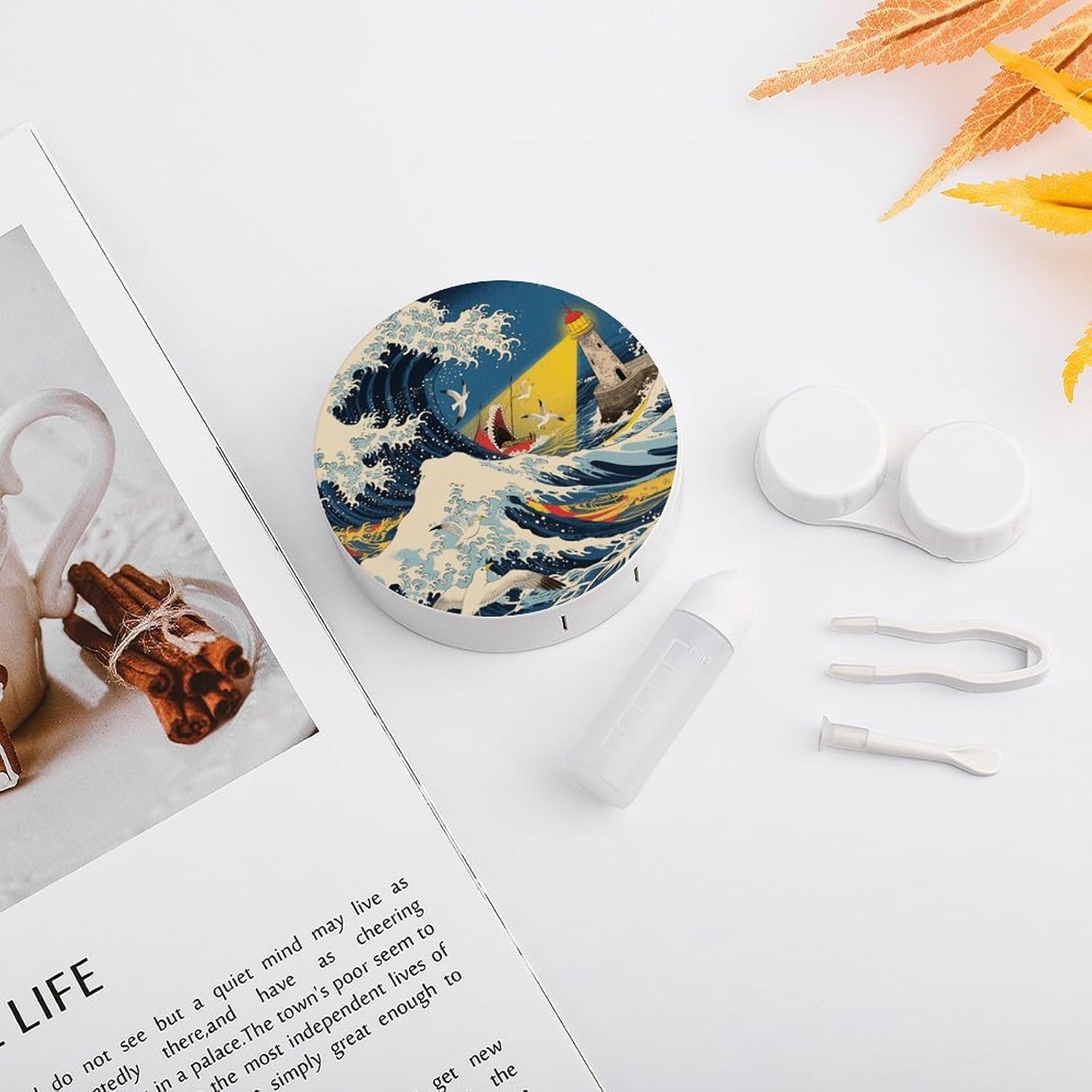 Japanese The Great Wave Off Kanagawa Contact Lens Case with Cleaner Washer Cute Contact Lens Soak Storage Holder Container with Mirror Mini Portable Contact Lens Box Set for Travel Outdoor Use