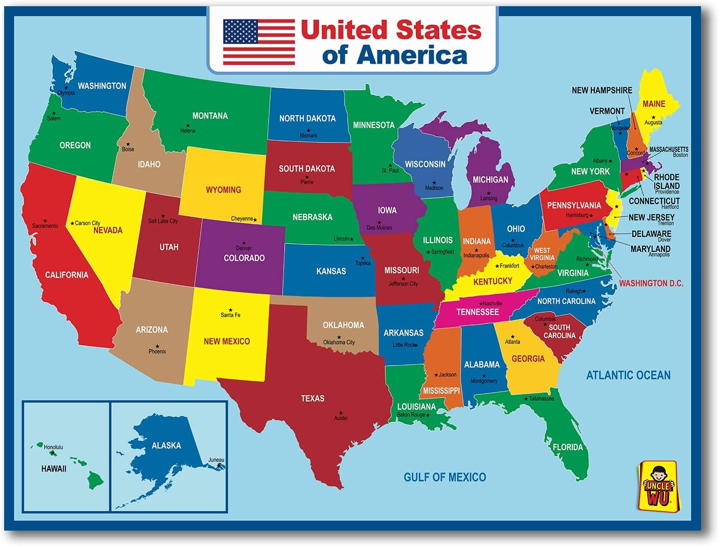 UNCLE WU Wall United State Map Poster for Kids -Double Side Learning USA Map -18 x 24 inch Laminated