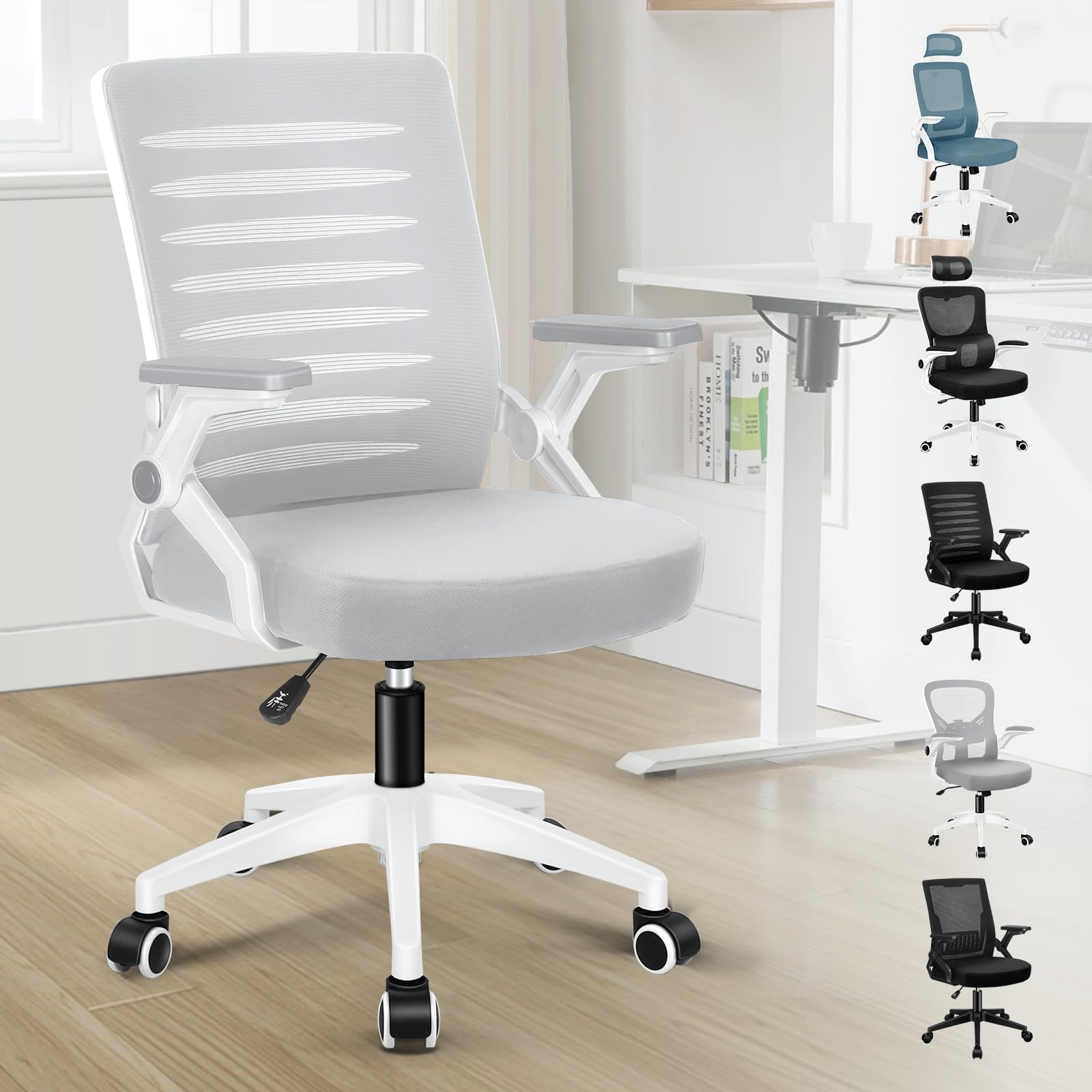 ELFORDSON Ergonomic Office Chair, Mid-back Swivel Desk Chairs for Home Office, Height Adjustable Mesh Computer Chair with 90° Flip-up Armrest and Padded Seat Cushion, Grey