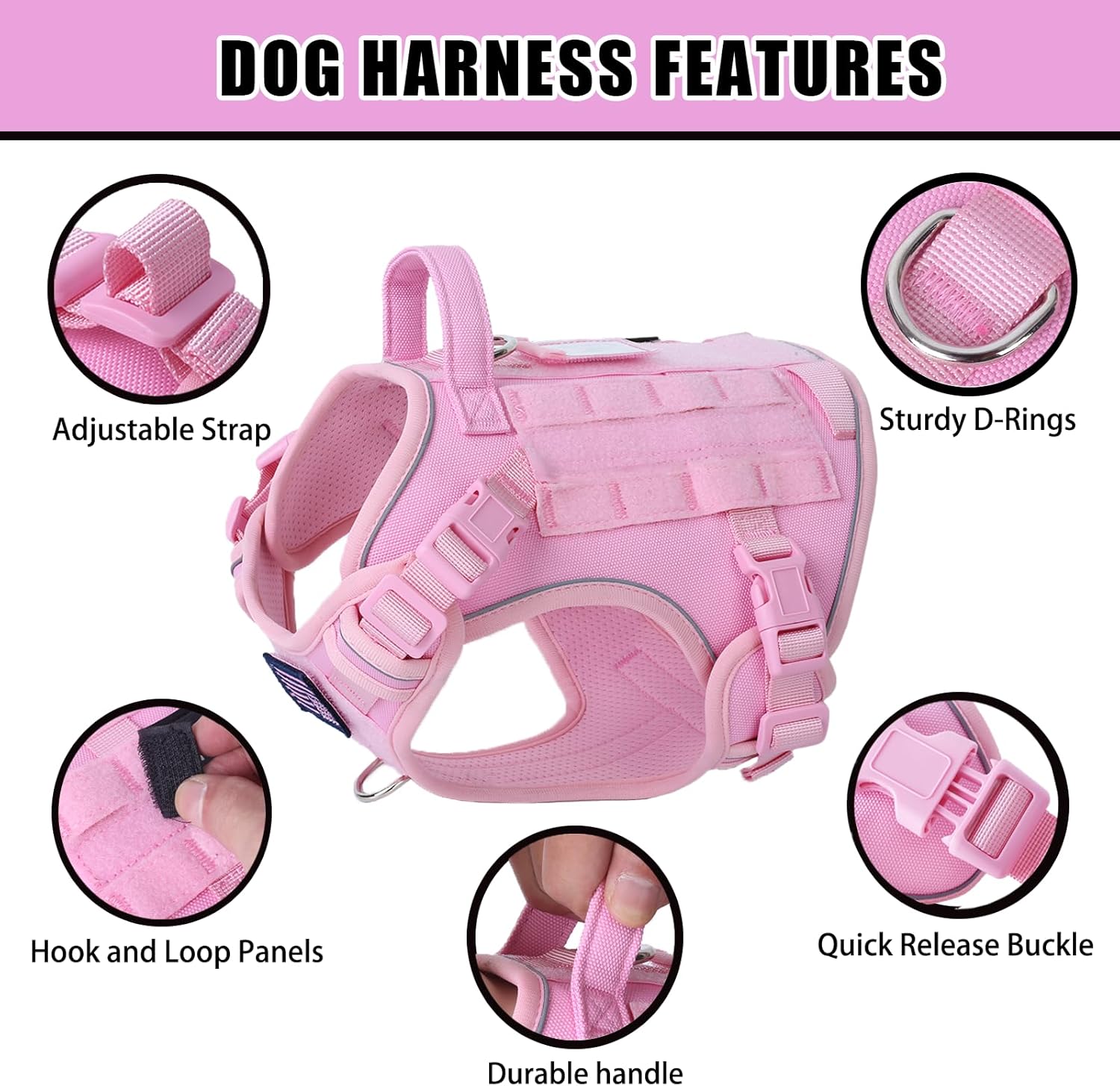 BUMBIN Tactical Dog Harness with Laesh Set，No-Pull Service Fit Smart Dog Vest with Hook & Loop Panels,Adjustable Dog Vest Harness with Handle Pink M