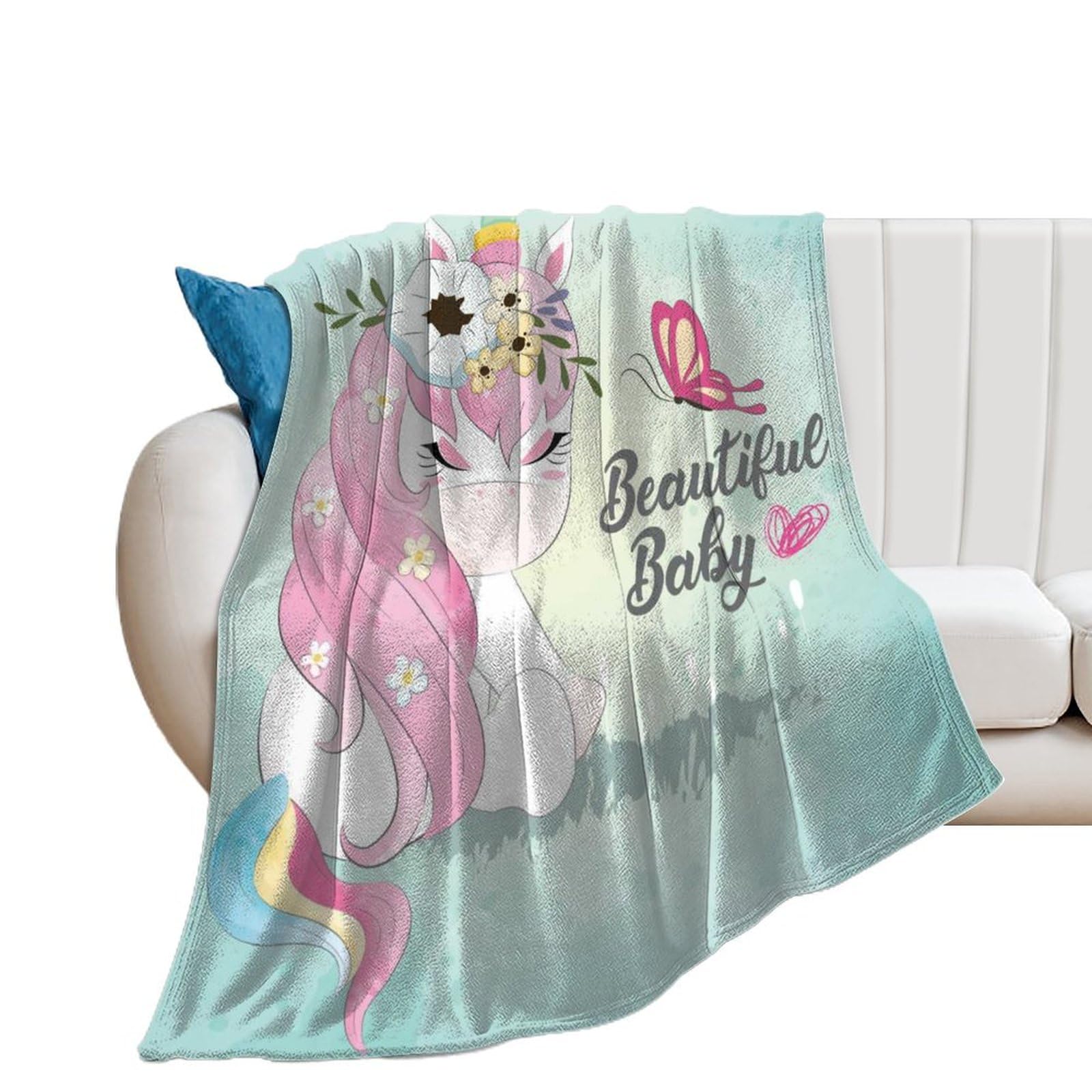 Couverture polaire licorne et papillon pour lit et canapé de salon 100x130cm