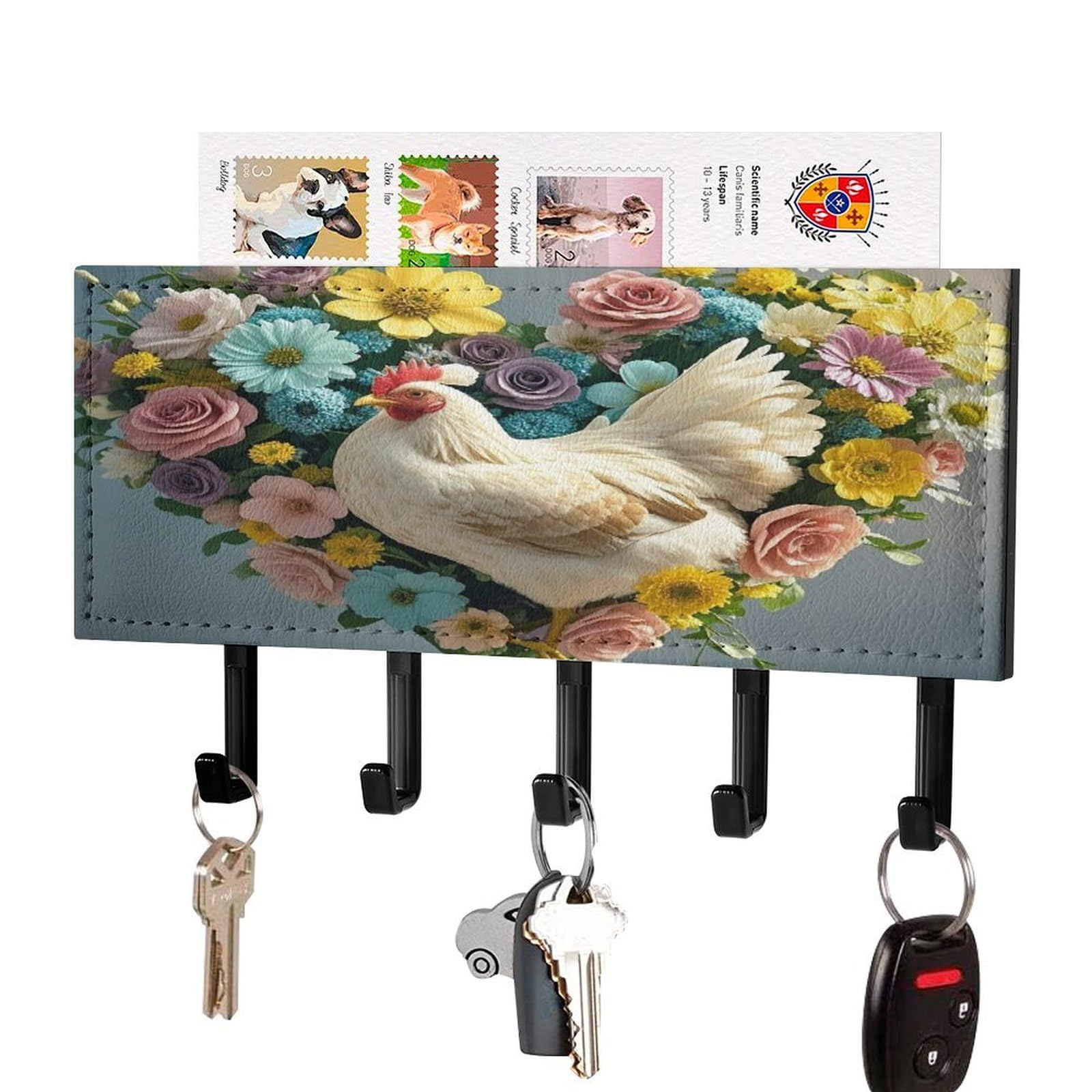Fekiloot Black-Style Flower Heart Chicken Key Holder Wall Mount Key And Mail Holder Key Hanger With 5 Hooks Decorative Pu Key Rack Hanging Key Hooks For Wall Living Room Kitchen Bathroom Hallway