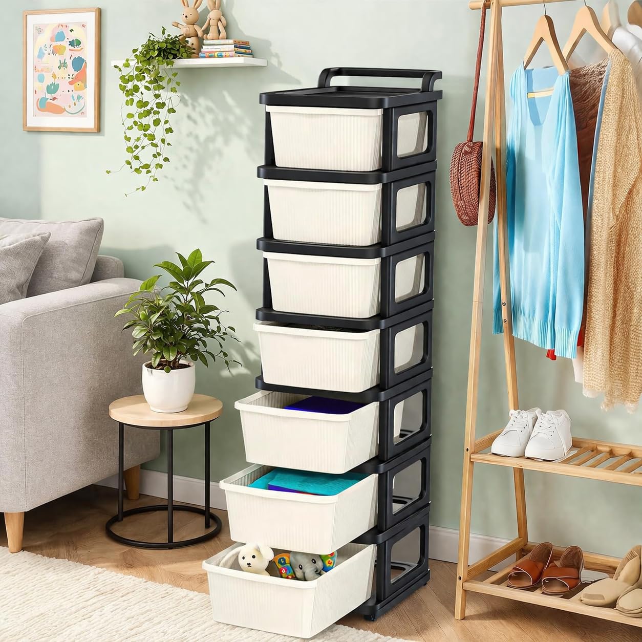 KITCHIVO™ Heavy Duty Plastic Storage Drawer with Wheels | Modular Cabinet for Bedroom, Office, Home or Classroom| Chest of Drawers Organiser for Cosmetics, Kitchen items, Toys (Black & Ivory, 7)