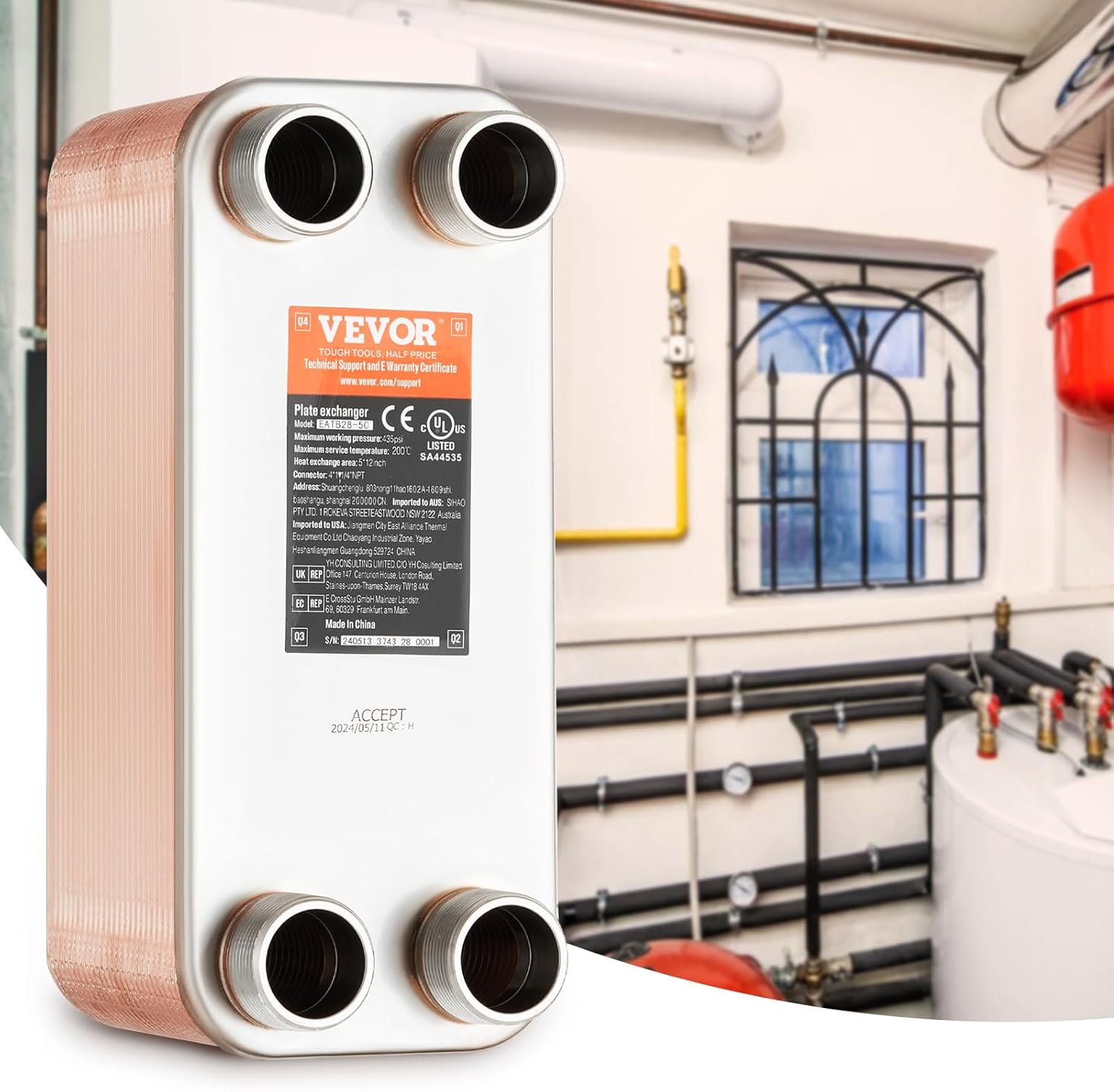 VEVOR Brazed Plate Heat Exchanger, EATB28-50 5"x12" 50 Plates, Copper 316L Stainless Steel for Floor Heating Water Heating Snow Melting Beer Cooling