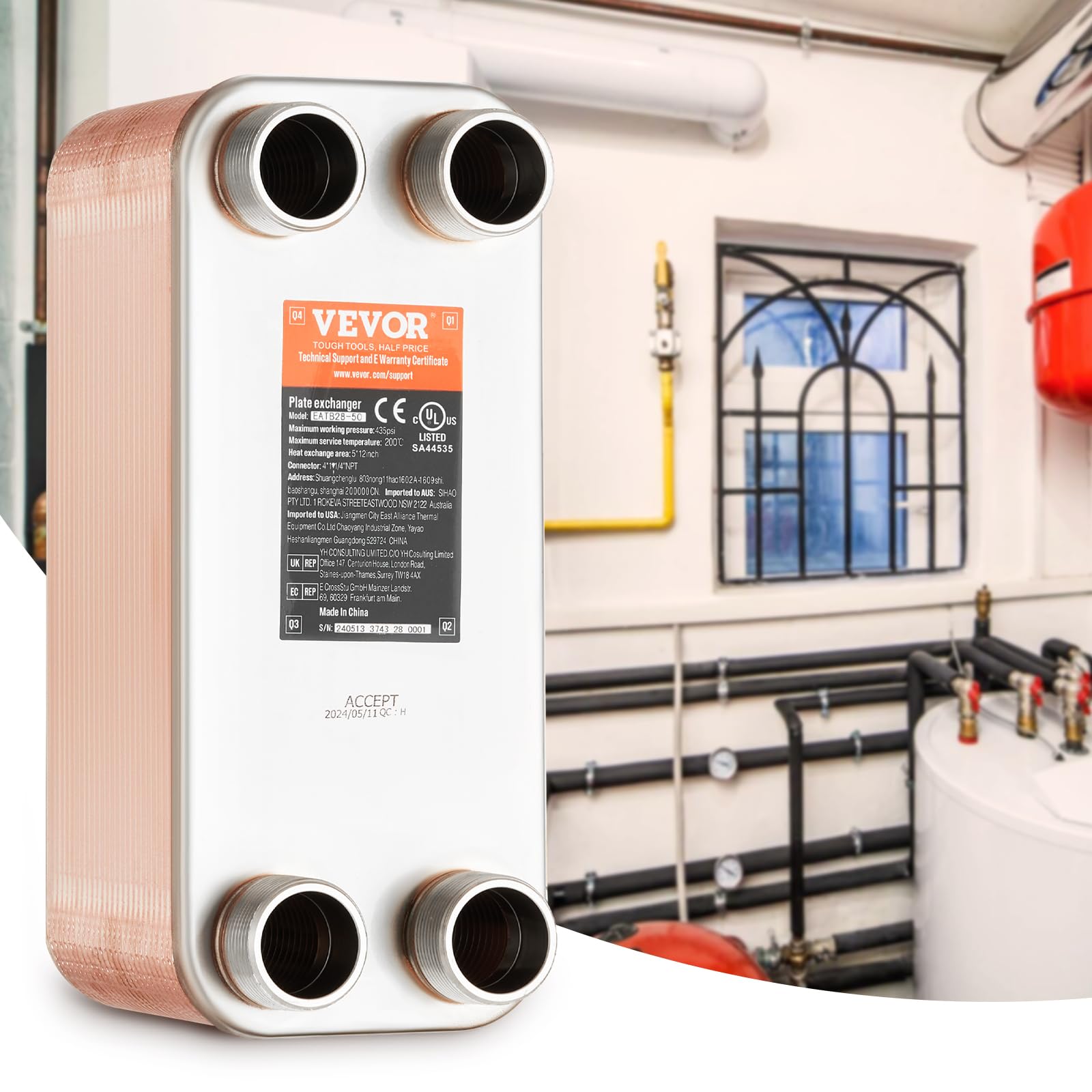 VEVOR Scambiatore di Calore, Piastre Brasate in Rame o Acciaio Inossidabile 316 L 127x305 mm, 50 Piastre, per Riscaldamento a Pavimento, Riscaldamento Acqua, Scioglimento Neve, Raffreddamento Birra