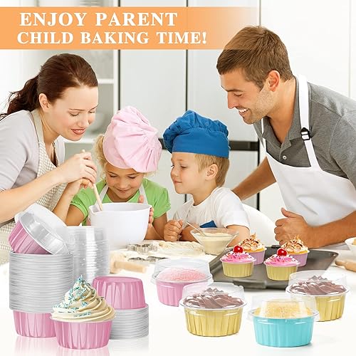 Miniatura 6 de 50 tazas de aluminio para hornear con tapas, color azul, 5 onzas (4.2 fl oz), forros para magdalenas, moldes para magdalenas, mini moldes de papel