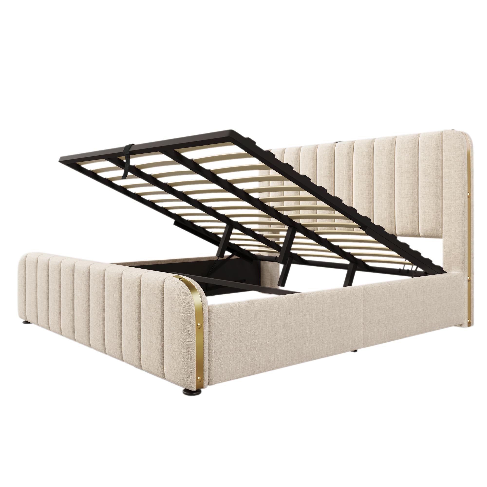 Letto matrimoniale imbottito,testata imbottita con finiture dorate e ricarica USB Type-C,180x200cm,tessuto di lino beige,letto contenitore idraulico,senza materasso