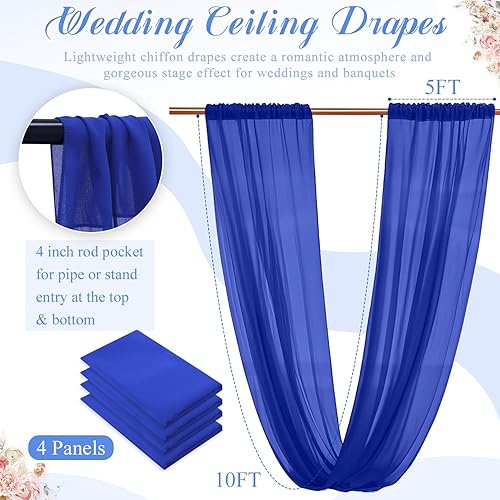 Miniatura 4 de FANPROMS 4 paneles de cortinas de techo azul real, decoraciones de boda, tela de gasa transparente para techo, 5 x 10 pies, arco de boda, cortinas