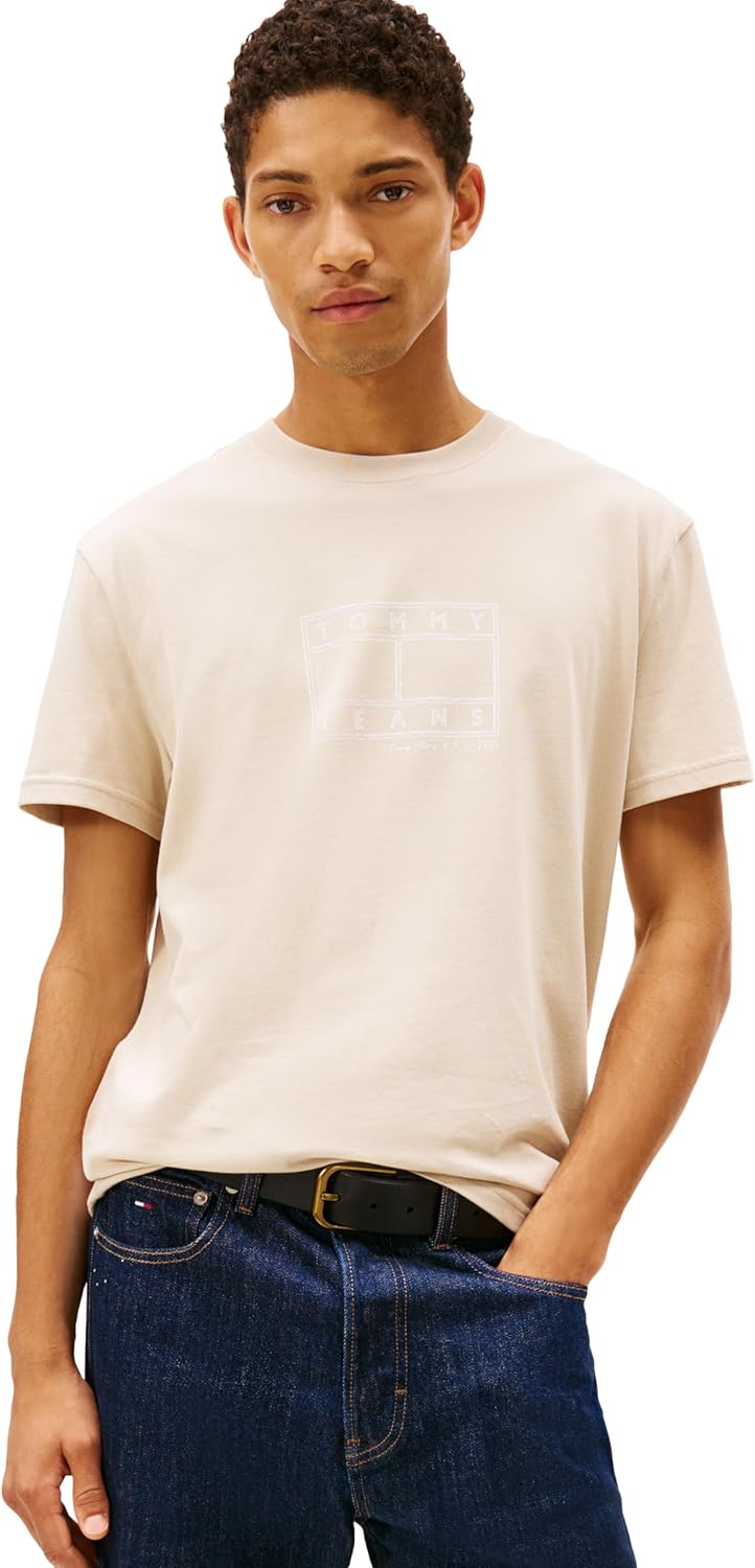 Tommy Jeans Men's Short Sleeve Cotton Graphic T-Shirts with Printed Distressed Flag Logo