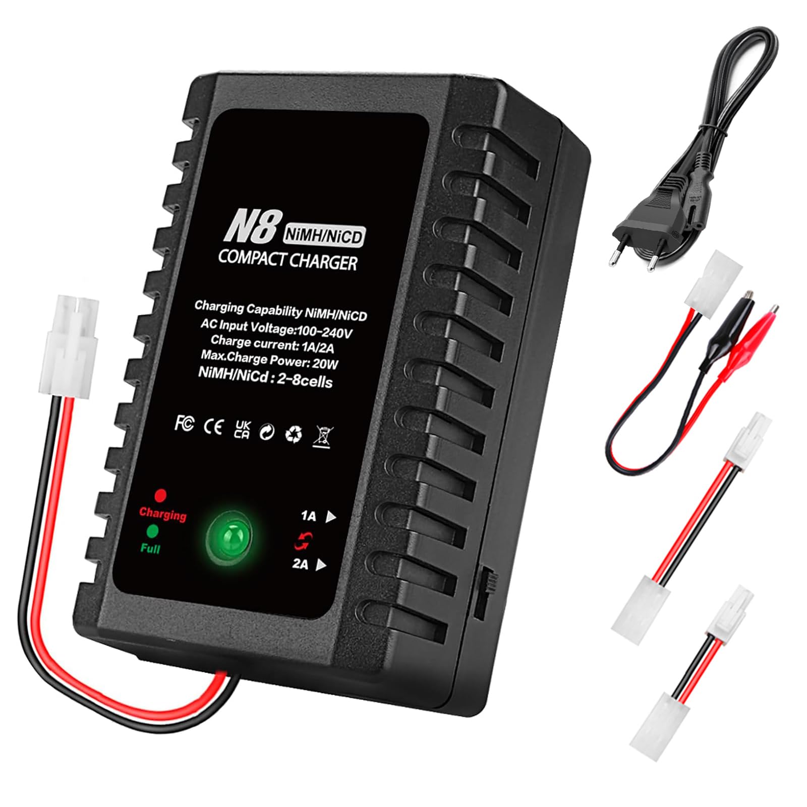 HTRC Caricabatteria NiMH per Akkus NiMH/NiCd 2-8S (2,4V-9,6V), 20W Caricabatteria RC con Tamiya/Mini-Tamiya/Cavo con Morsetti Coccodrillo, Compatibile con Auto RC, Barca RC, Drone, Airsoft