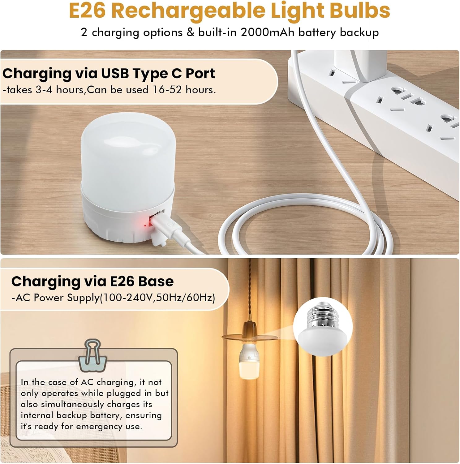 E26 Rechargeable Light Bulbs with Remote and Timer, Battery Operated Bulb with 3 Color Temperatures, Dimmable, 2000mAh 40W Equivalent USB Battery Powered LED Bulbs for Lamps Sconces Camping, 2 Pack