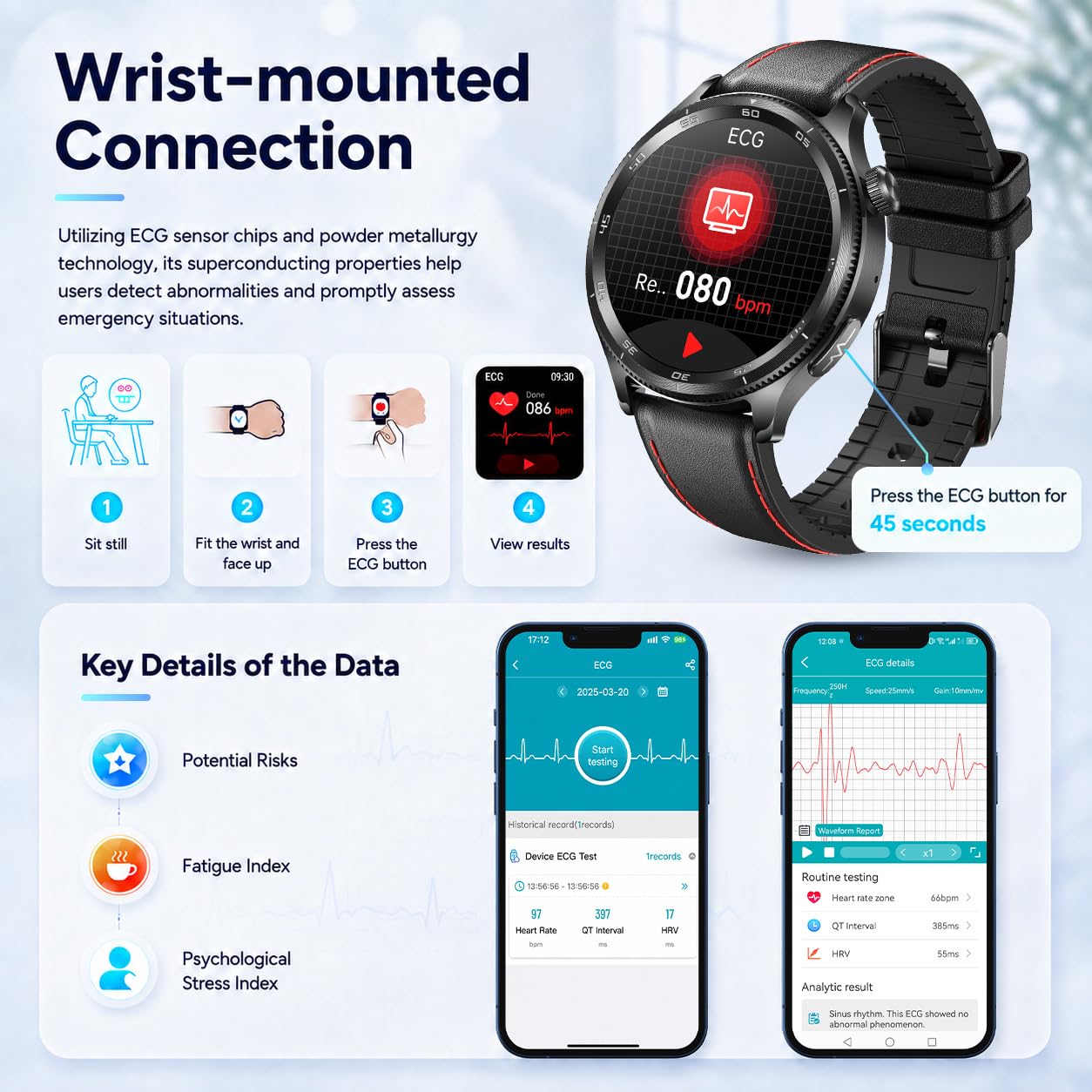 ECG Montre Connectée Homme Smartwatch - HRV MET BMI Repondre Appel Cardiofréquencemètre Tensiomètre SpO2 Sommeil Podomètre IP68 Multisports Santé Fitness Sport 1.43" Montre Intelligente Android iOS