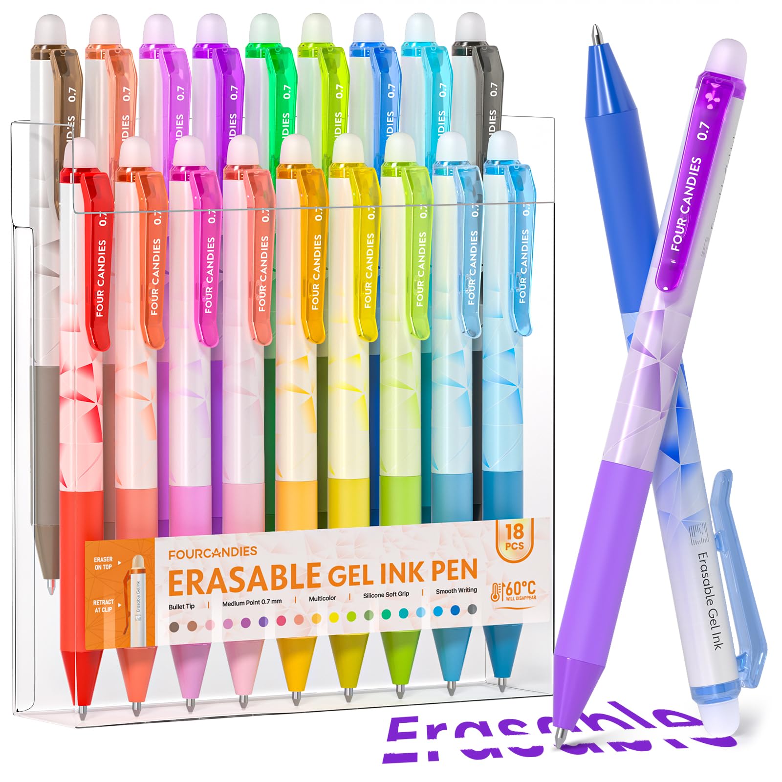 Four Candies Erasable Gel Pens, 0.7 mm Medium Point, Retractable Erasable Pens, Make Mistakes Disappear, 18 Assorted Colors for Drawing, Writing & Planners - drawing | Mubboo