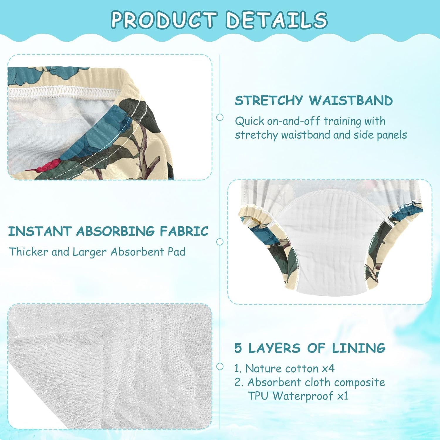 Baby Toilet Training Pants Soft Cotton Ukiyo-e-style Japanese Camellia Cyan Blue Nighttime Potty Training Pants