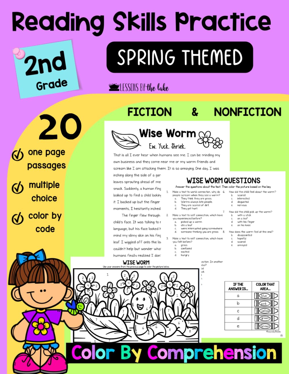 Reading Skills Practice: Materials Grade 2 Workbook, Second Grade Educational Worksheets, Reading Color By Comprehension Questions, Spring Themed Activities (Color By Comprehension Workbooks)